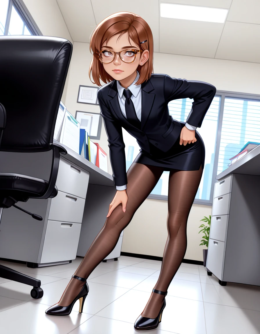 masterpiece, best quality, very aesthetic, absurdres,
indoors, office,
full body, long eyelashes,
<lora:Megan_v01_NAIXL-000012:1>,
M364n,1girl,brown hair,short hair,hairclip,glasses,brown eyes,freckles,office lady,necktie,suit,pencil skirt,brown pantyhose,high heels,