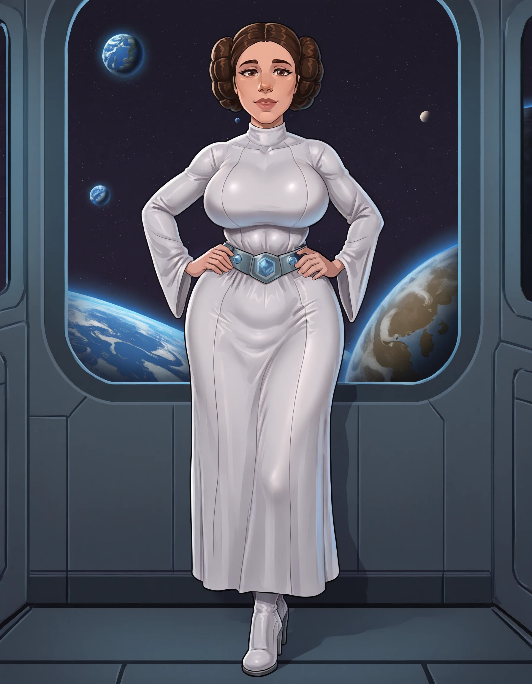 masterpiece, high quality,
rocnerill,
space,night sky, moon. earth \(planet\), spacecraft interior, window,
leiaill, lips, double bun, looking at viewer, 1girl, solo, white dress, large breasts, belt,mature female, brown eyes, standing, full body, high heels boots, hand on own hip, planet,
<lora:rocnerill4:0.8> , <lora:leiaill:0.7>