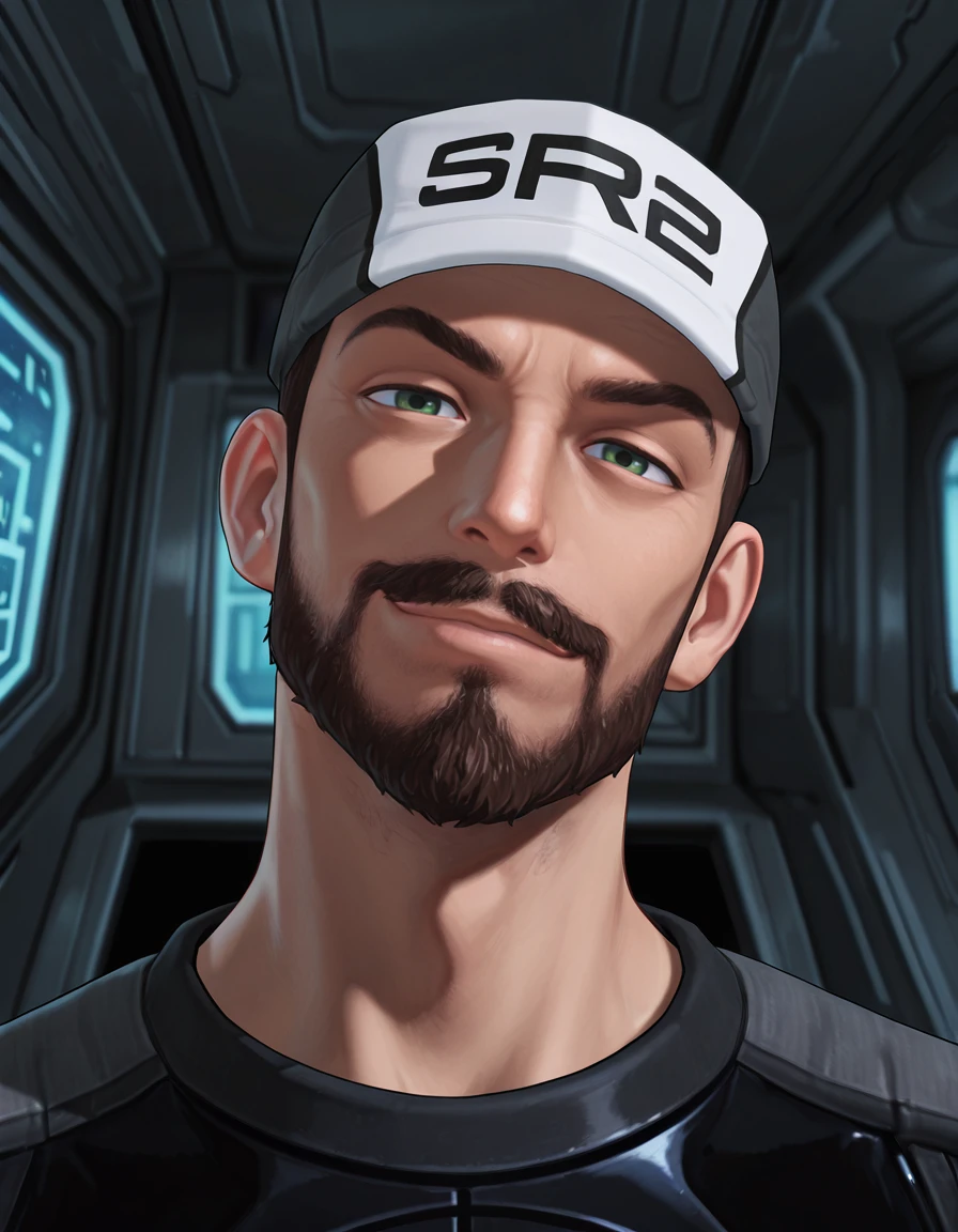 masterpiece, best quality, absurdres, newest, perfect quality, best quality, detailed background, male focus, solo, anime, <lora:Mass Effect 2 - Joker - Illustrious-000008:0.7>, jmoreau, 1boy, brown hair, very short hair, green eyes, beard, mustache, uniform baseball cap, uniform shirt, spacecraft interior, looking at viewer, head tilt, portrait, smirk