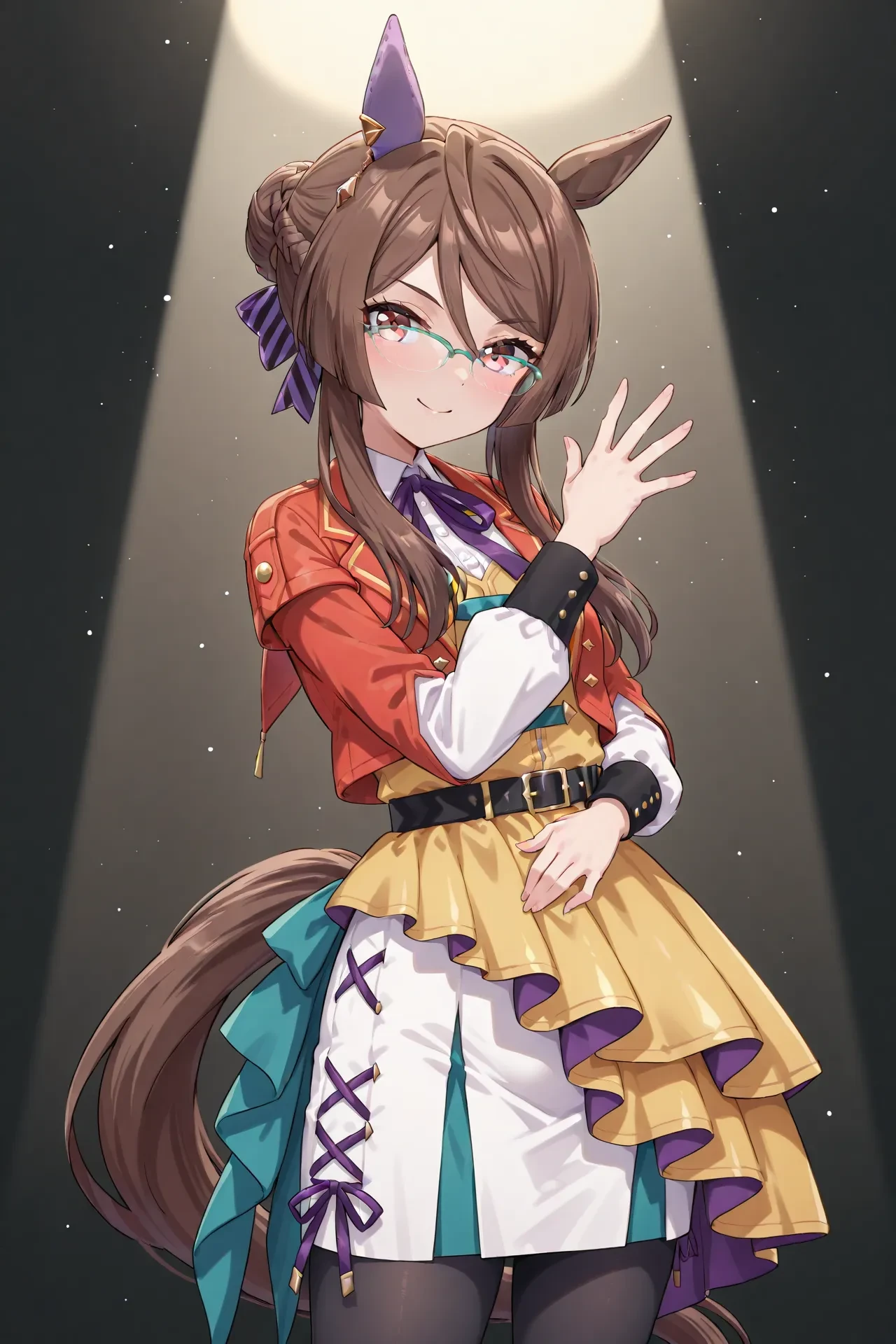 royce and royce \(umamusume\),horse ears,horse girl,horse tail,glasses,green-framed eyewear,brown hair,hair between eyes,red eyes,hair bun,long hair,very long hair,ear cover,long sleeves,purple bow,purple ribbon,ribbon,red jacket,jacket,yellow shirt,shirt,waist cape,white skirt,pantyhose,<lora:Royce_and_Royce:0.8>,
cowboy shot,smile,pose,spotlight,