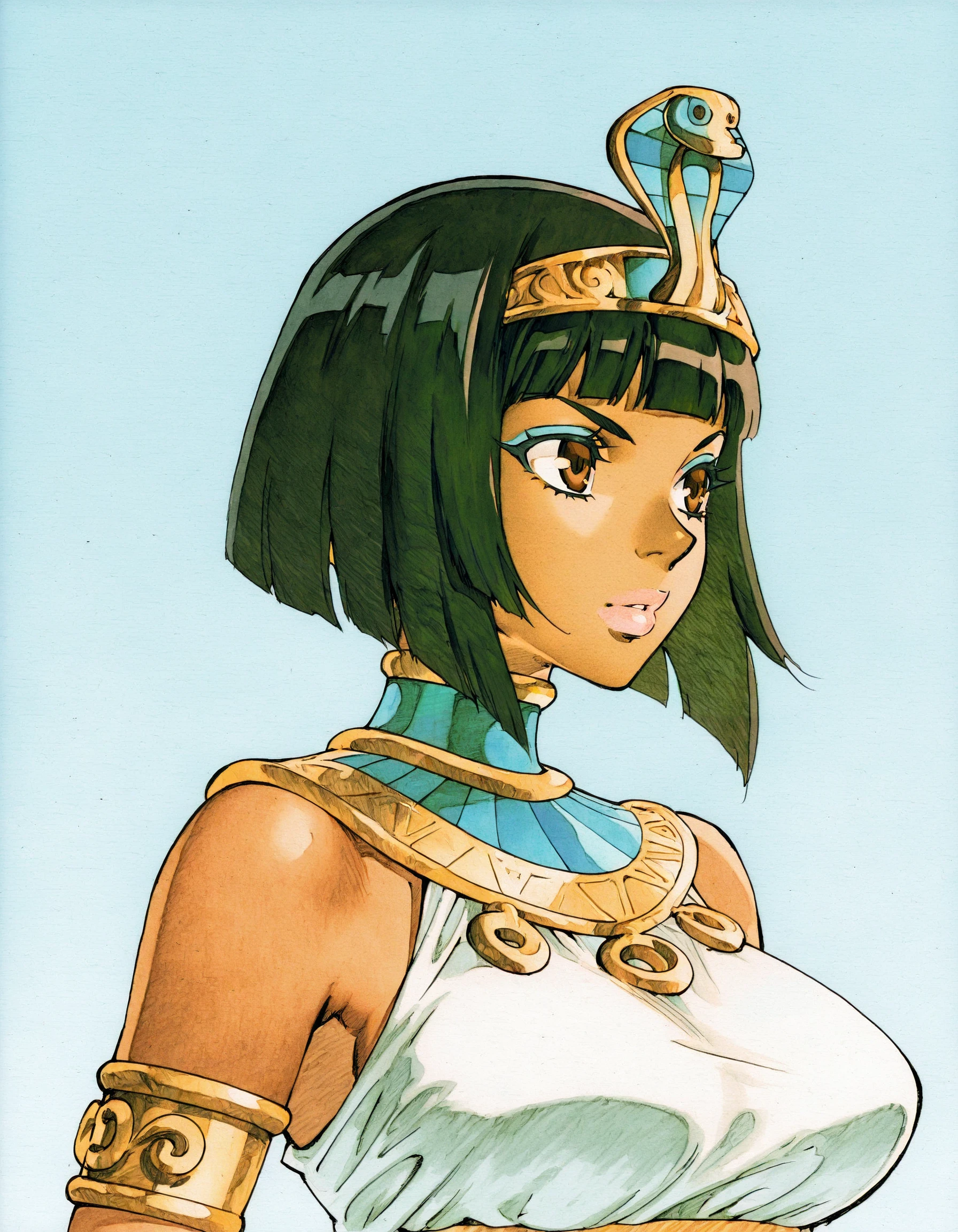 masterpiece, high quality,
traditional media,
mvcill,
gradient background, blue background,
opalaill, 1girl, bob cut, jewelry, solo, makeup, tiara, large breasts, lips, armlet, egyptian clothes,white dress, upper body, brown eyes,
<lora:mvcill3-000007:1>
<lora:opalaill:0.5>