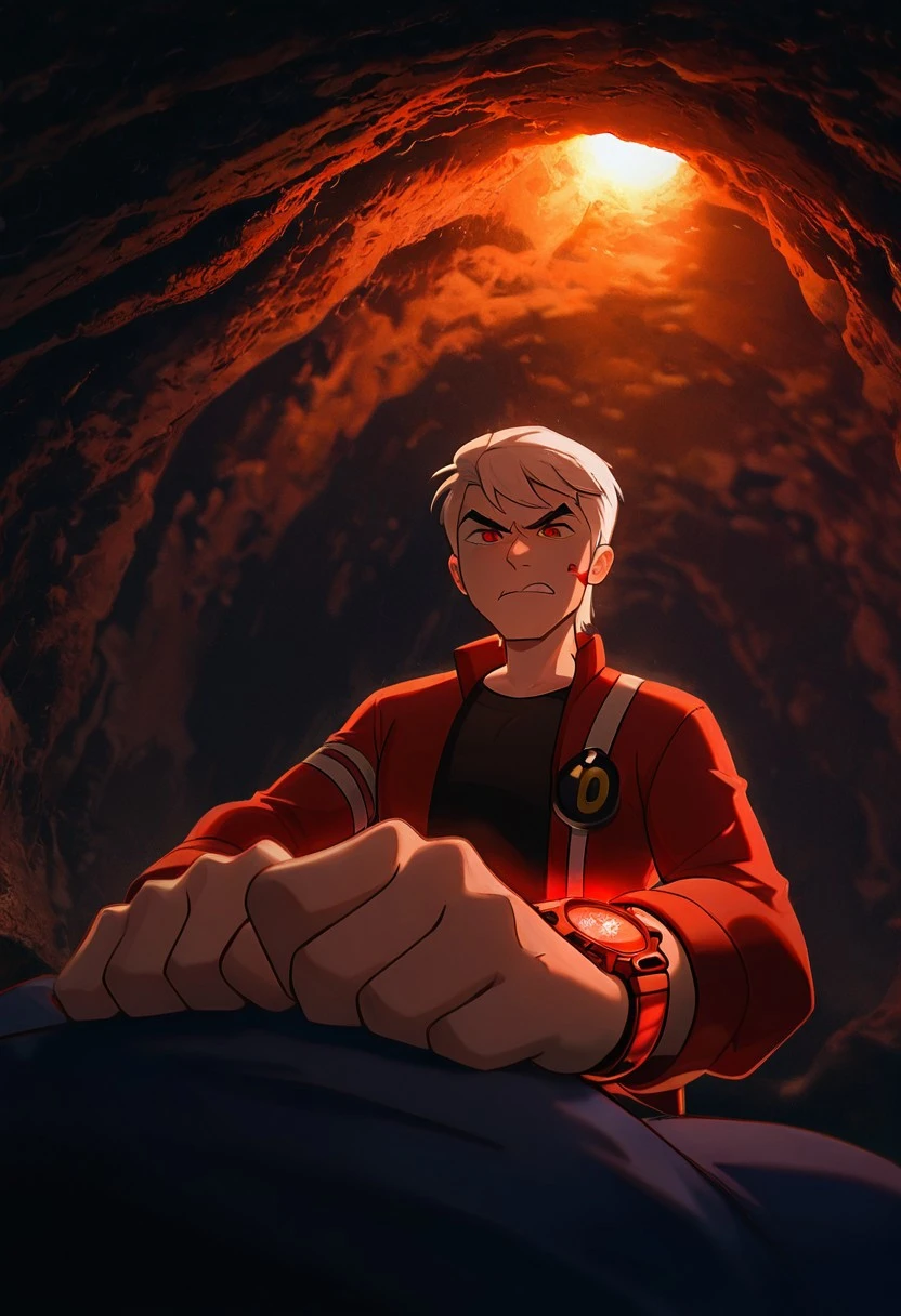 masterpiece, best quality, amazing quality, very aesthetic, absurdres, newest, detailed background,
solo, benuaf, 1boy, , open jacket, black shirt, long sleeves, thick eyebrows, angry,, wide face, wide head,
1boy, short hair,, white hair, red jacket, blue pants, red eyes, red watch,
glowing watch, looking at watch, red glow on face, angry, inside cave, dark,
re4lity_sync_illu, foreshortening, scenery, photo background, dim_lighting,hot_palette,soft light