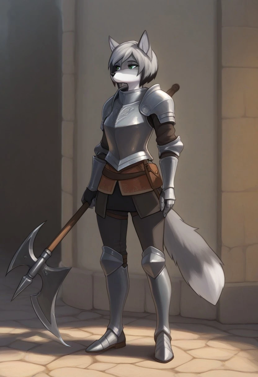 solo, amazing quality, best quality, high quality, very aesthetic, 1girl, urta, furry, grey fur, fox, green eyes, grey hair, short hair, black highlights, standing, bored, holding halberd, armor, breastplate, greaves, boots, gauntlets, medieval city, guard