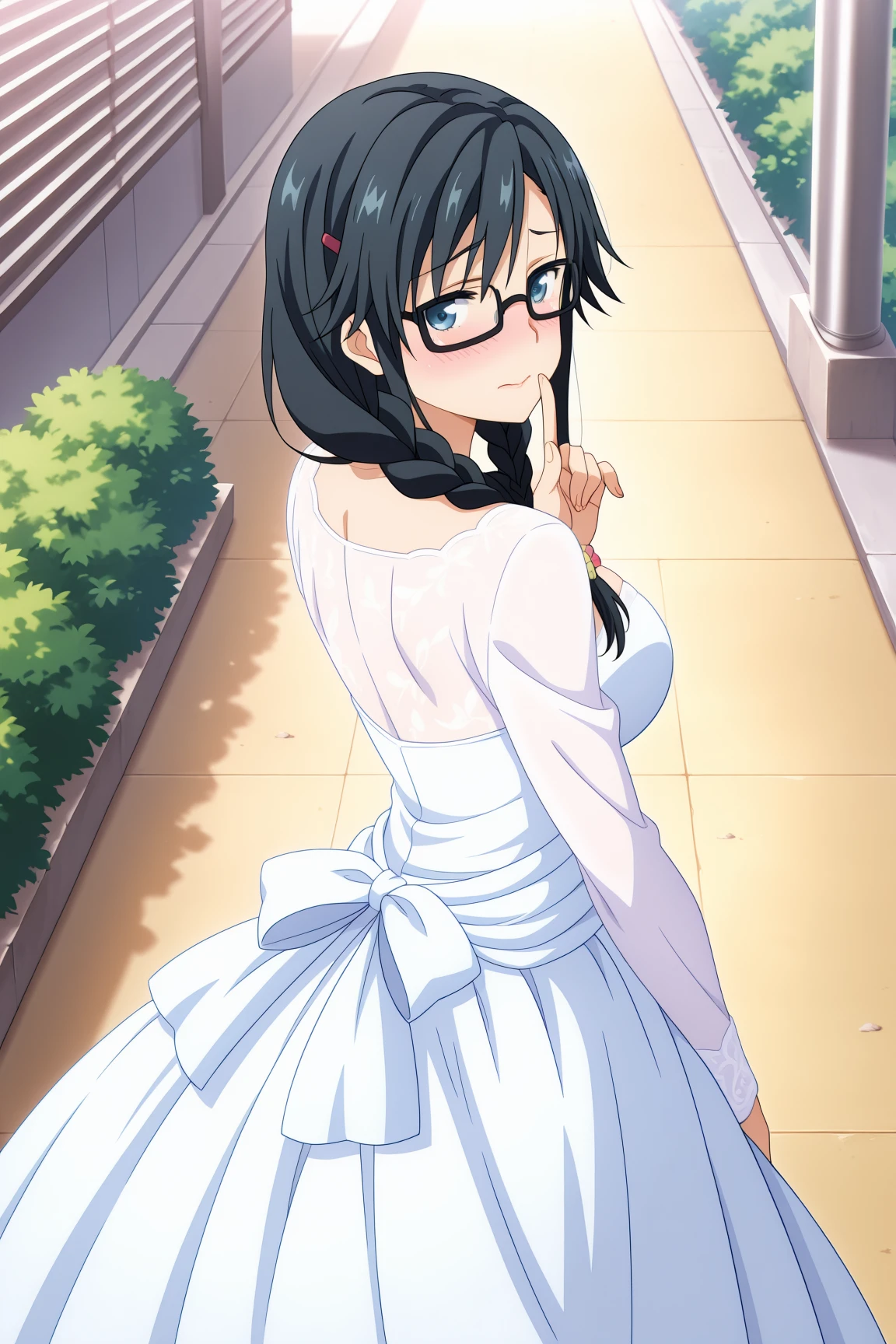 best quality, official art, anime screenshot, anime coloring, wedding dress, full dress, long sleeves, 1girl, solo, breasts, long hair, black hair, hairclip, twin braids, hair over shoulder, glasses, sanshokuin_sumireko <lora:RGV_Pansy_ORSK:0.9>, , outdoor, from behind, looking back, looking at viewer, embarrassed, blushing, shy, finger to lips, shushing