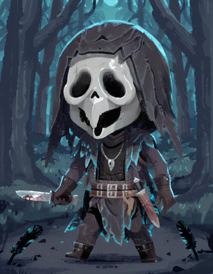<lora:Ghost_Face_Nevermore_Skin_Dead_by_DaylightIIIustrious:0.8>knife, 1boy, solo, mask, male focus, belt, hood, gloves, weapon, jacket, 1knife, jewelry, feathers, necklace, dagger, ghost face, forest <lora:Amelicart_style_Illustrious_Xl:1> 0mel1c0rt , chibi only, black suit