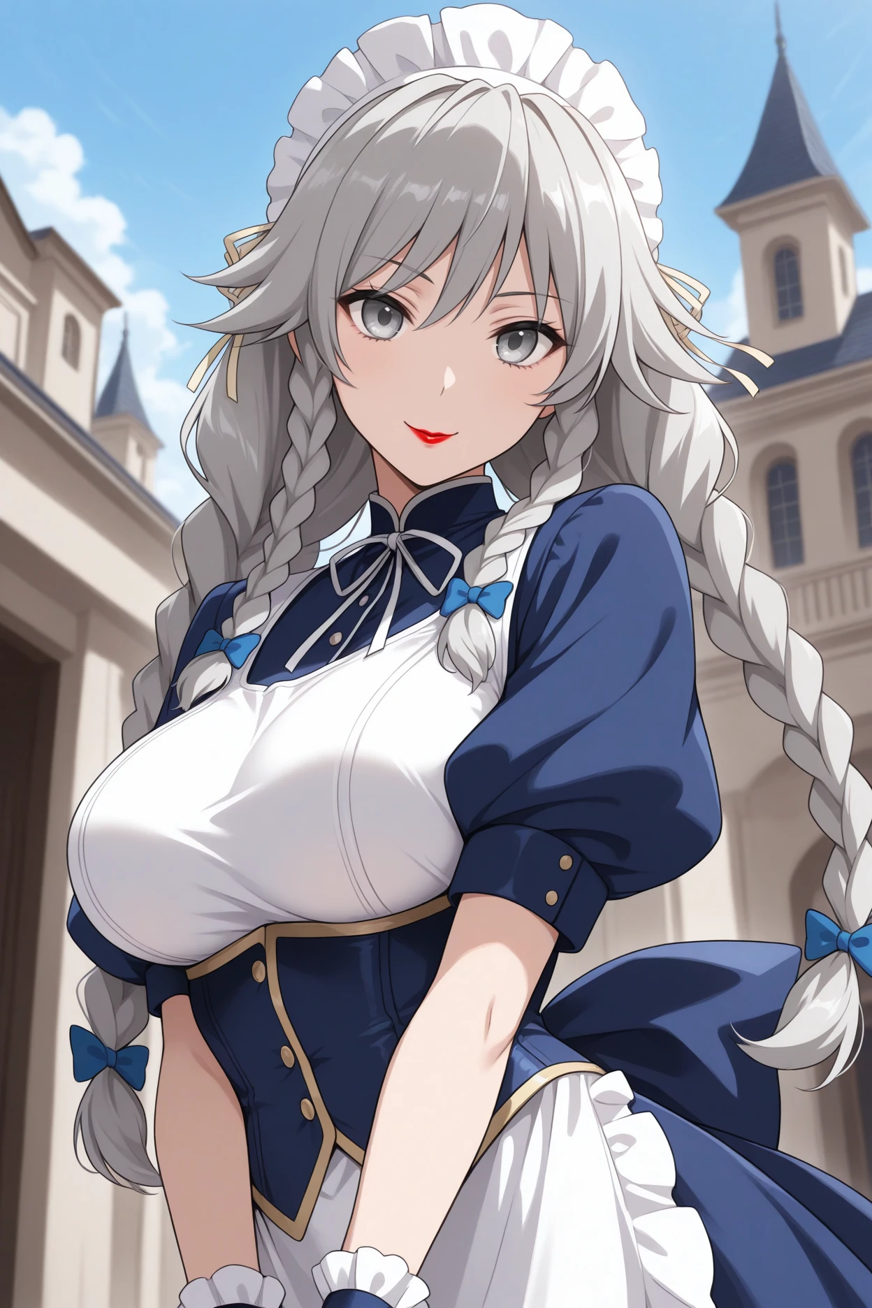 masterpiece, best quality, 1girl, solo, <lora:grayfialucifuge-illu-nvwls-v1-000006:1> gflcfg, grey hair, twin braids, long hair, grey eyes, lipstick, big breasts, white headdress, hair bow, dark blue dress, neck ribbon, white shirt, , dark blue corset, puffy short sleeves, white apron, wrist cuffs, upper body, looking at viewer, smile, blue sky, victorian architecture