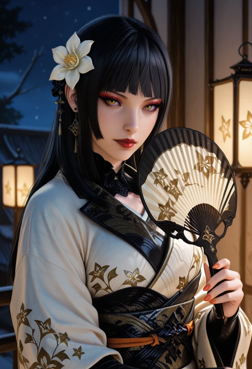 masterpiece, very aesthetic, best quality, absurdres, newest, solo,
<lora:ILFFGentiana:1>
FFGentiana, 1girl, black hair, long hair, blunt bangs, looking at viewer, japanese clothes, white kimono, hand fan, hair ornament, holding fan, hair flower, earrings, jewelry, upper body, sash, floral print, eyelashes, orange nails, obi, lantern, white flower, folding fan, closed mouth, long sleeves, red lips, makeup, night
