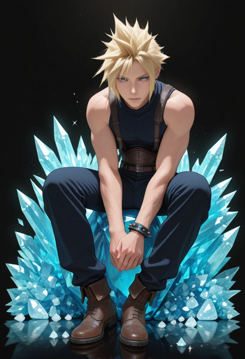 masterpiece, very aesthetic, best quality, absurdres, newest, solo,
<lora:ILFFCloud:1>
FFCloud, 1boy, blonde hair, spiked hair, blue eyes, male focus, crystal, sitting, black background,full body, gem, diamond (gemstone), shards, jewelry