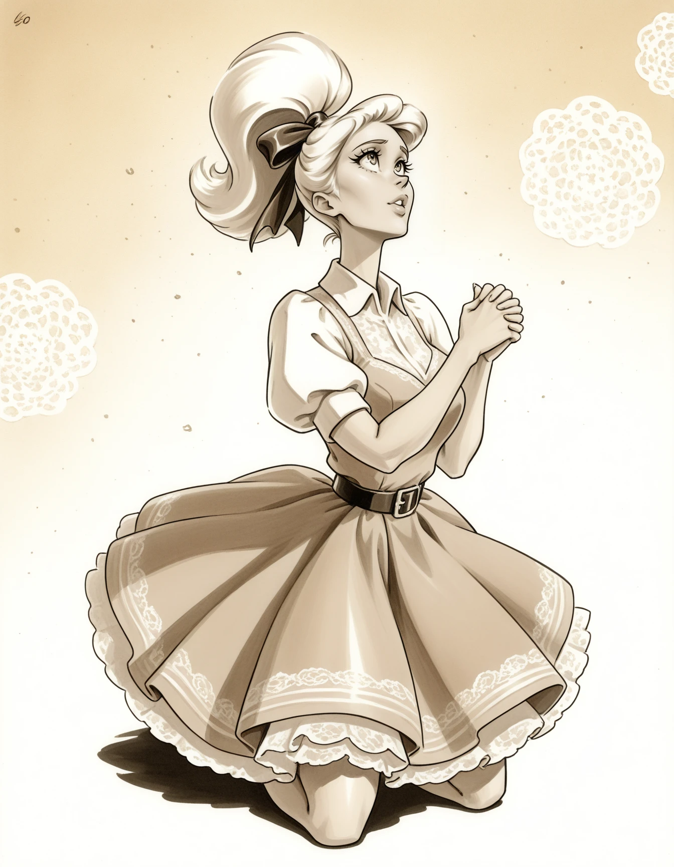 <lora:AndyDames-8D-ILXL2025-05-08_08-46-43-save-1836-36-0:1> illustration, sketch, 1girl, solo, kneeling, looking up, hands clasped, pleading, watery eyes cowboy shot, pose, action shot 50s fashion, ((voluminous embroidered hemmed petticoat poodle skirt)), cotton, lace, ((shirtdress)), (hair ribbon),(belt), strict, high ponytail classic diner background, nostalgic vibe, bright colors, cinemascope, detailed, 8k resolution,,