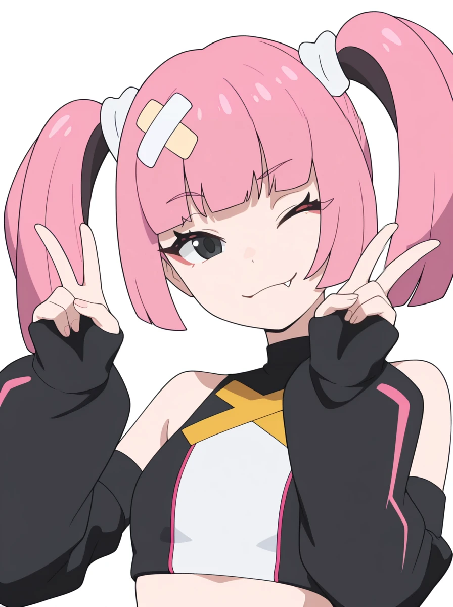 masterpiece, best quality, amazing quality, very aesthetic, absurdres, newest, simple background,  white background,  glalie 
<lora:SangoMegaVoltage:0.7>sangomegavoltage, 1girl, bandaid on head, pink hair, solo, twintails, bangs, black eyes, fang,  detached sleeves, crop top, bare shoulders , upper body,  double v,  wink smile,  glai