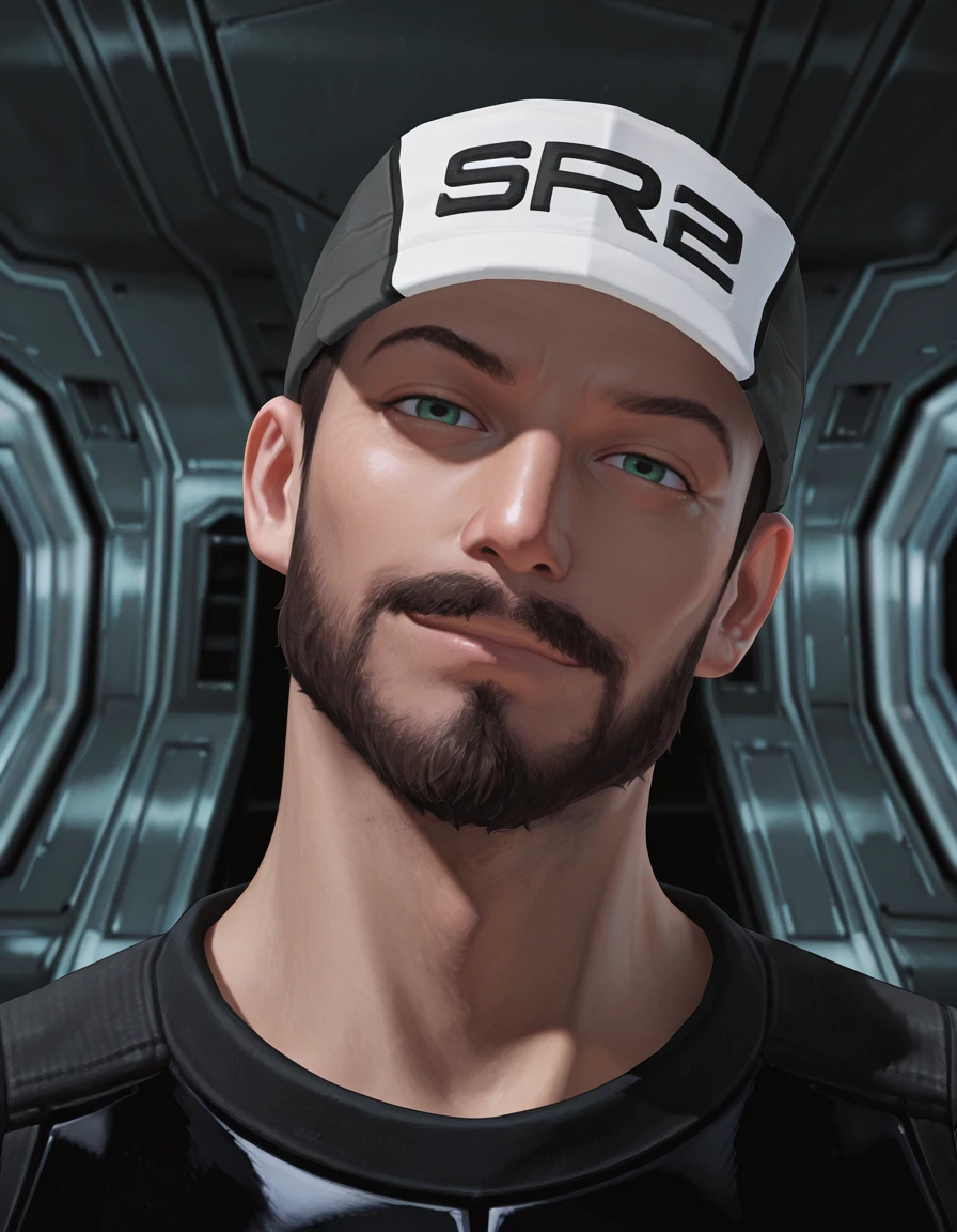 masterpiece, best quality, absurdres, newest, perfect quality, best quality, detailed background, male focus, solo, realistic, <lora:Mass Effect 2 - Joker - Illustrious-000008:0.7>, jmoreau, 1boy, brown hair, very short hair, green eyes, beard, mustache, uniform baseball cap, uniform shirt, spacecraft interior, looking at viewer, head tilt, portrait, smirk