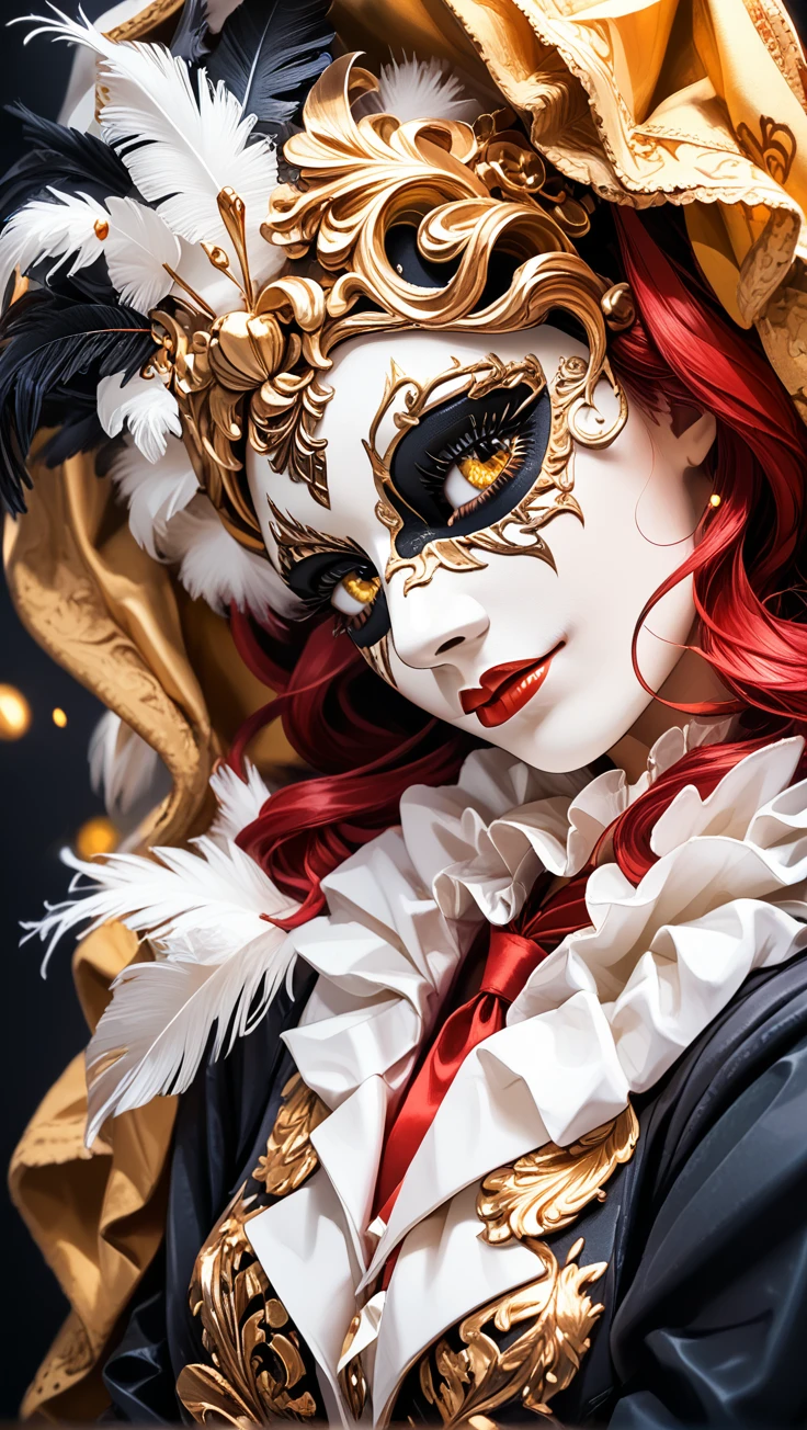 score 9, score 8 up, score 7 up,
Close-up portrait of an enigmatic woman in an ornate baroque masquerade mask, white-painted face with intricate swirling gold and black filigree patterns, fiery amber eyes glowing beneath the mask. Her hair is voluminous and black with sculpted waves, decorated with tiny black blossoms and golden accents. She wears a regal high-collar dress with layered velvet, feathers, and lace, a crimson ribbon entwined around her neck. The lighting is moody and cinematic, casting sharp highlights on her face and mask, with soft golden bokeh in the background. Surreal atmosphere, gothic elegance, ultra-detailed textures, fantasy portrait, dramatic contrast, rococo gothic fusion,
<lora:Masquerade__Symbolism:1> neobaroquemasquerade