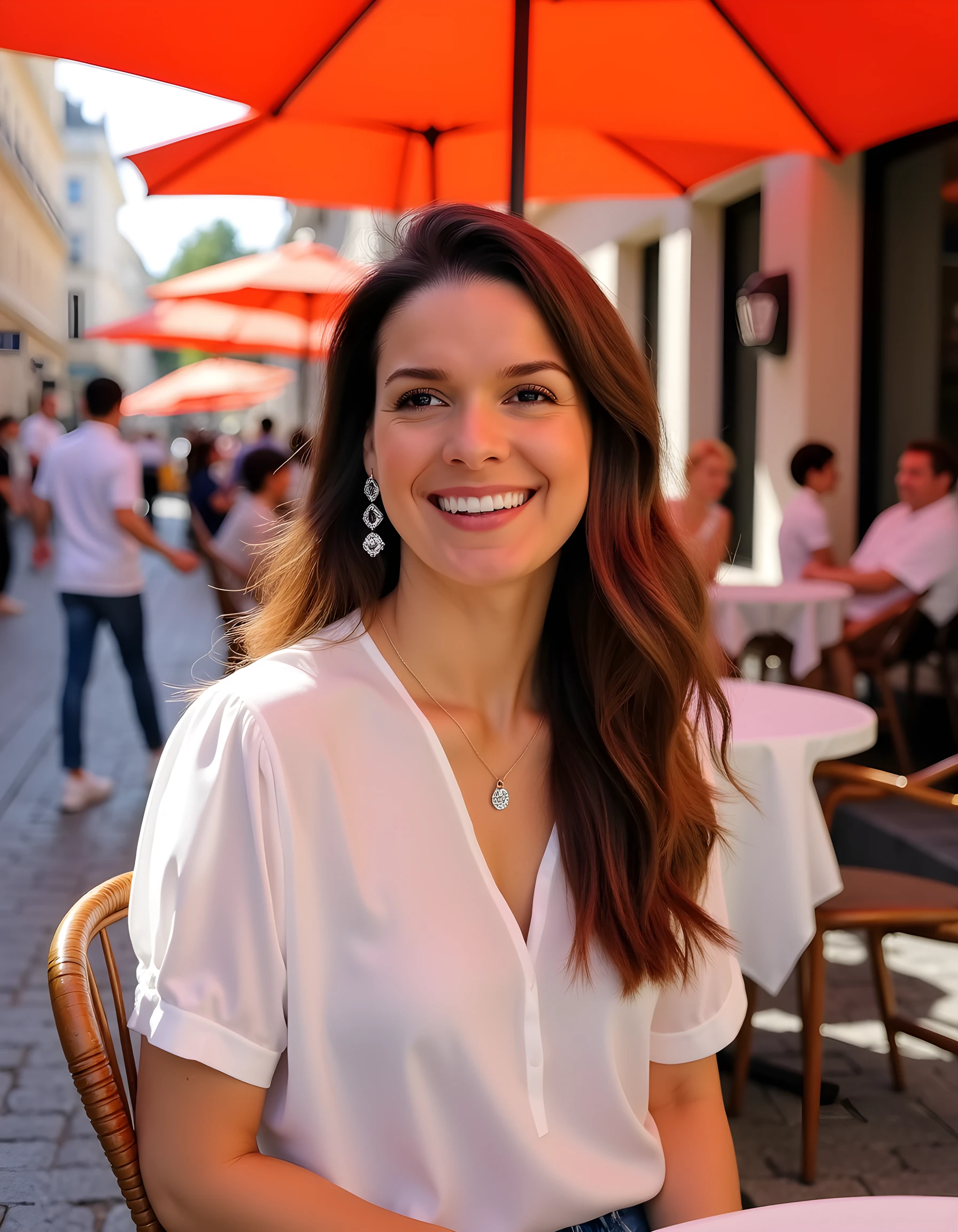 her name is Yasmin Fatima, high quality, ((mature)), ((white pale skin)), 1girl, ((30-year-old fit Swiss woman)), ((30 years old)), ((fit)), ((brunette)), pose: standing, wearing stylish (((light-yellow blouse and jeans))), BACKGROUND: carousels, ugly smiling, standing, cranky hair