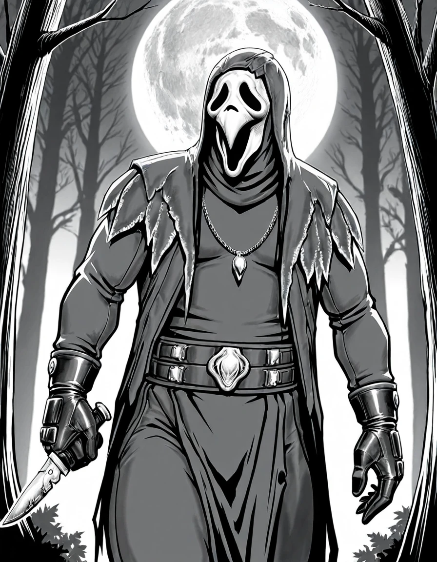 <lora:Ghost_Face_Nevermore_Skin_Dead_by_DaylightIIIustrious:0.8>mask, belt, moon, necklace, gloves, tree, jewelry, hood, coat, solo, 1knife, 1boy, black gloves, raising knife, full moon, ghost face, forest <lora:Inked_IL_Style:0.8> 1nk, monochrome, greyscale, simple background, white background