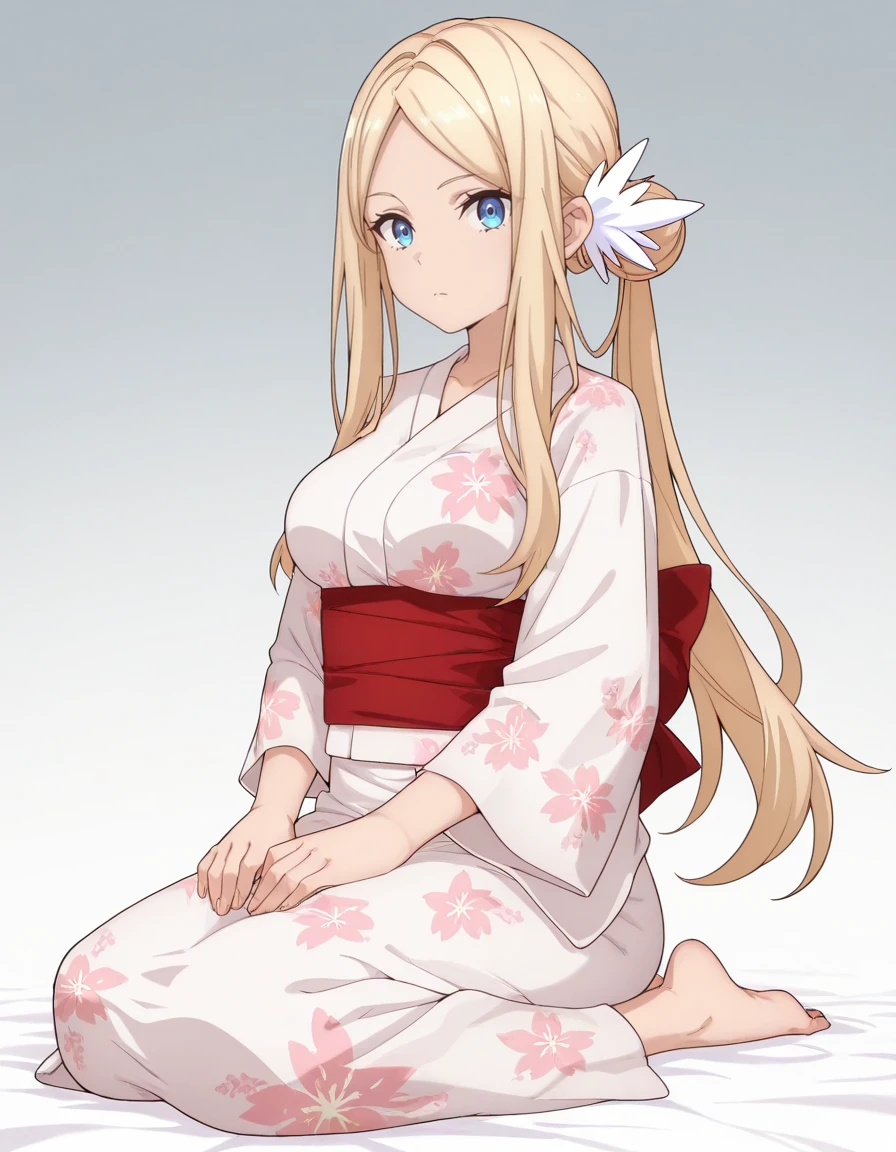 masterpiece, best quality, amazing quality, gradient background,
1girl, solo, looking at viewer,
seiza, wariza, barefoot, medium breasts,
<lora:krishna-yami_healer_s1-ixl-anime-soralz:1>, krishna (yami healer), long hair, blonde hair, parted bangs, sidelocks, single hair bun, side ponytail, hair ornament, blue eyes,
seiza, wariza, barefoot,
<lora:yukata_noobep_V1.0:0.7>, jyojifuku, yukata, kimono, floral print, hair ornament, obi, wide sleeves
