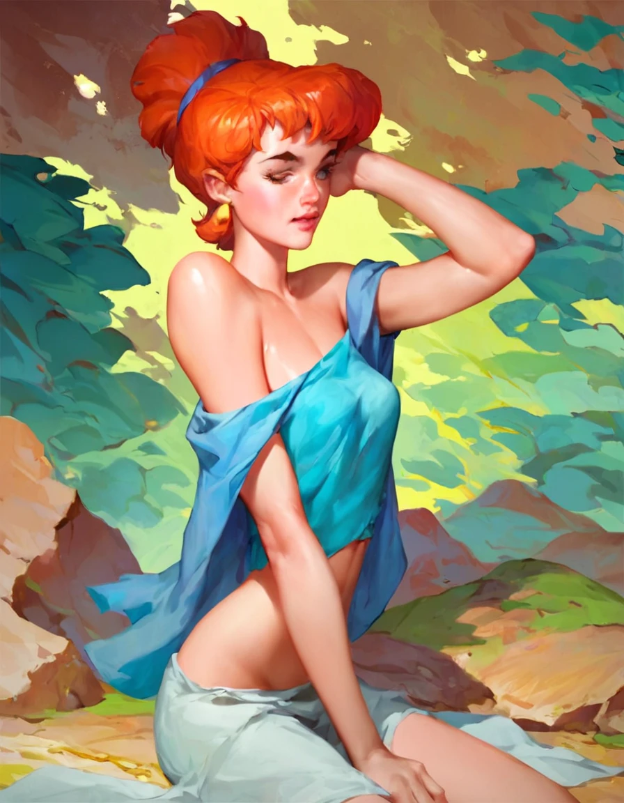 score_9, score_8_up, score_7_up, score_6_up, score_5_up, 1girl, wilma flintstone, orange hair, solo, necklace, dress, lipstick, barefoot, hair bun