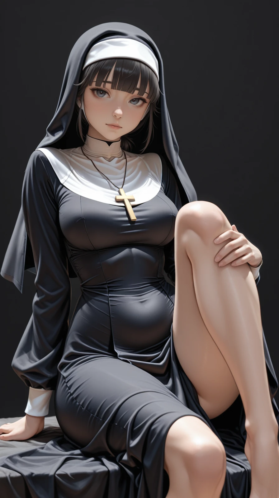 source_anime, score_9. score_8_up, score_7_up, score_6_up, score_5_up, score_4_up, (plump:0.3), large breasts, black hair, 1girl, tmtc_1, portrait photo, front view, medium shot, standing, woman, leotard, habit, bracelet, <lora:Sinner_Cross_Leotard:0.6>, anime