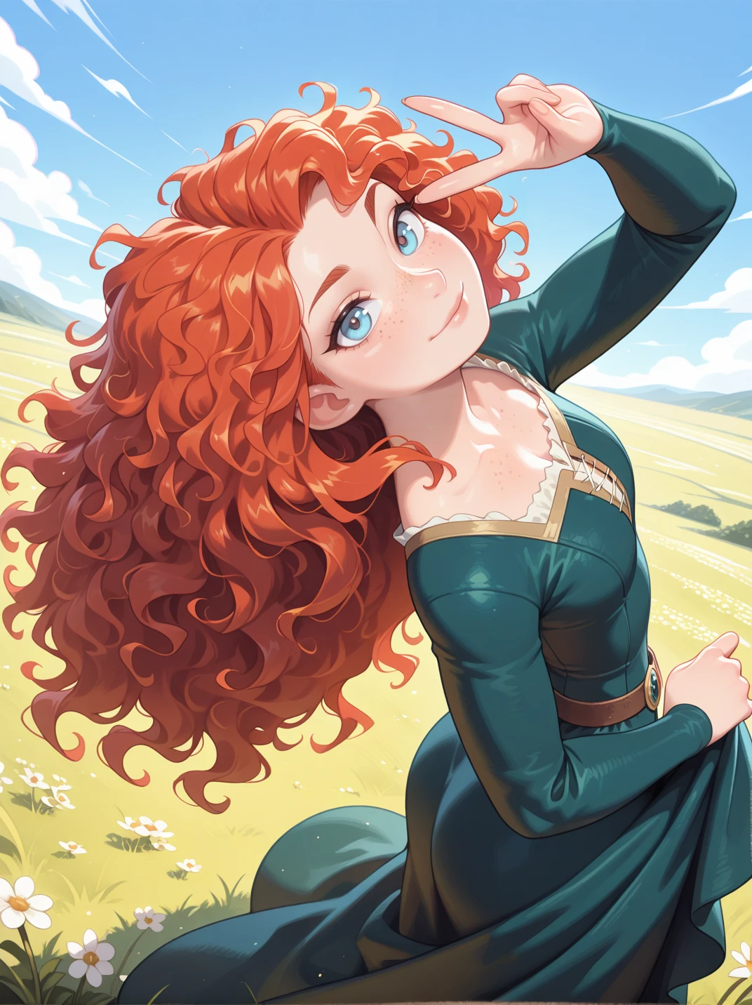 highres, hi res, best quality, masterpiece,
1girl, (MeridaXL:1), red hair, blue eyes, curly hair, big hair, freckles, green dress, long sleeves, belt,
light smile, dutch angle, sexy pose, (v, dress lift:1.1), from side, from above, looking at viewer, solo, dynamic pose, cowboy shot, head tilt, sexually suggestive, outdoors, blue sky, daylight, portrait,
<lora:MeridaBraveXLV2_Character:0.75>,, <lora:[Kajin-man] Artist Style IllustriousXL:1>