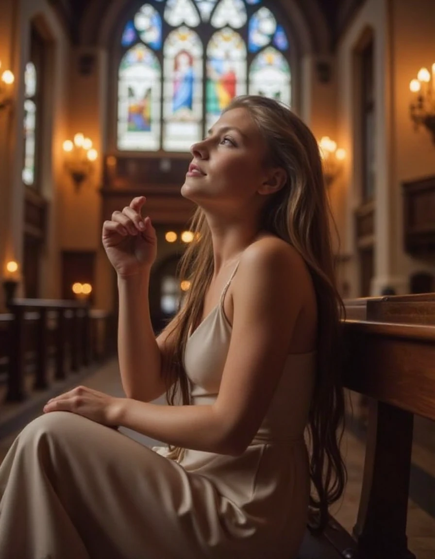 - A woman sitting in a candlelit cathedral, her expression reverent and contemplative as she gazes at the stained-glass windows above. She wears a flowing, elegant dress, her hands clasped together. <lora:miriamhamberg:1>,<lora:a_Turbo-Alpha:1>,