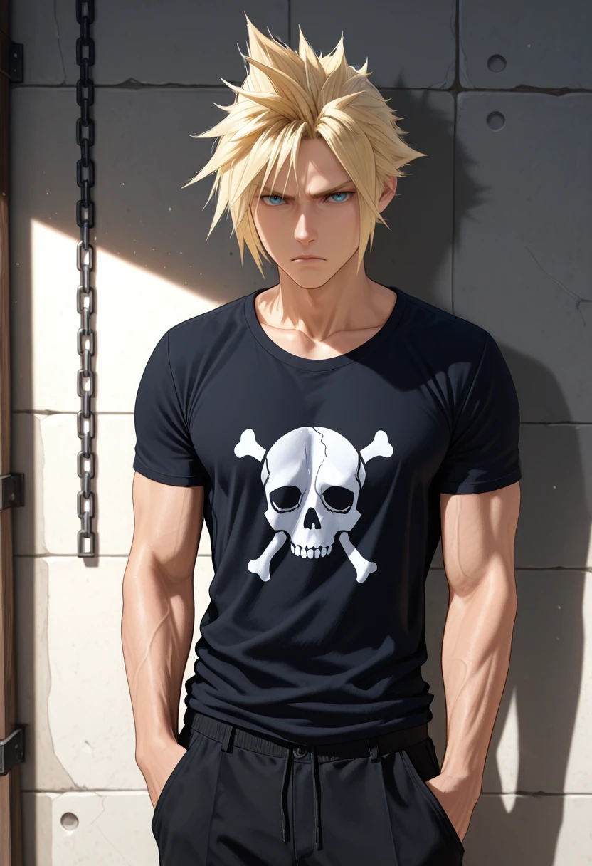 masterpiece, very aesthetic, best quality, absurdres, newest, solo,
<lora:ILFFCloud:1>
FFCloud, 1boy, blonde hair, spiked hair, blue eyes, male focus, black shirt, hand in pocket, black pants, t-shirt, skull print, chain, closed mouth, short sleeves, muscular male, cowboy shot, frown, collarbone, print shirt, shadow, standing, toned male, glaring, casual