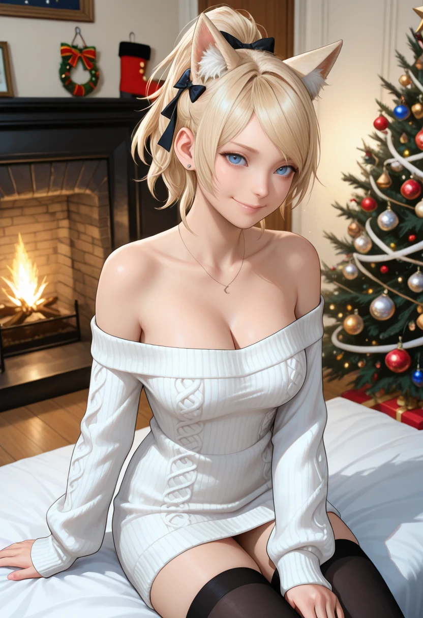 masterpiece, very aesthetic, best quality, absurdres, newest, solo,
<lora:ILFFLuna:1>
FFLuna, 1girl, blonde hair, ponytail, blue eyes, looking at viewer, christmas tree, animal ears, black thighhighs, off-shoulder sweater, cleavage, off shoulder, bare shoulders, snowflakes, smile, jewelry, animal ear fluff, indoors, christmas ornaments, sitting, snow, earrings, hair bow, white sweater, dress, long sleeves, star (symbol), black bow, closed mouth, hair ornament, collarbone