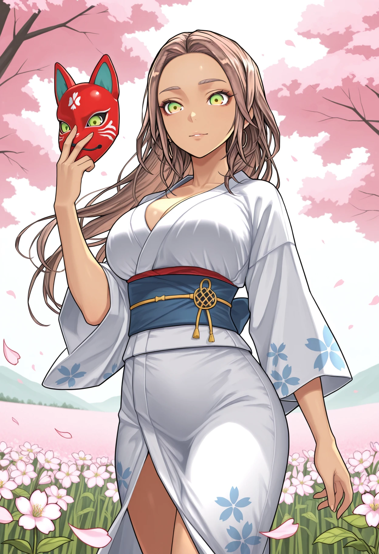 masterpiece, best quality, amazing quality, BREAK <lora:MiraZ:1> mirka, 1girl, large breasts, multicolored eyes, green eyes, yellow eyes, brown hair, long hair, white yukata, flower storm, cherry blossom,standing, field, floating leaves,flowers,red obi, blue sash,holding mask