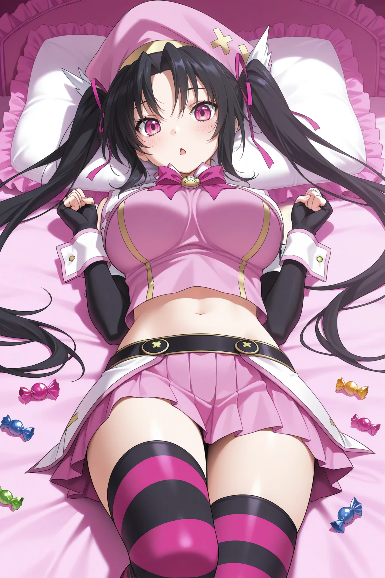 masterpiece, best quality, 1girl, solo, <lora:serafall-illu-nvwls-v1-000006:1> slevtn, black hair, long hair, twintails, hair ribbon, pink eyes, large breasts, pink beret, white collar, pink bowtie, pink shirt, sleeveless shirt, detached sleeves, elbow gloves, black gloves, fingerless gloves, wrist cuffs, midriff, pink skirt, pleated skirt, miniskirt, striped thighhighs, pink thighhighs, black thighhighs, lying on back, candy, pink sheets, bed, pillow, frilled pillow, pink theme, looking at viewer, chestnut mouth, blush, clenched hands