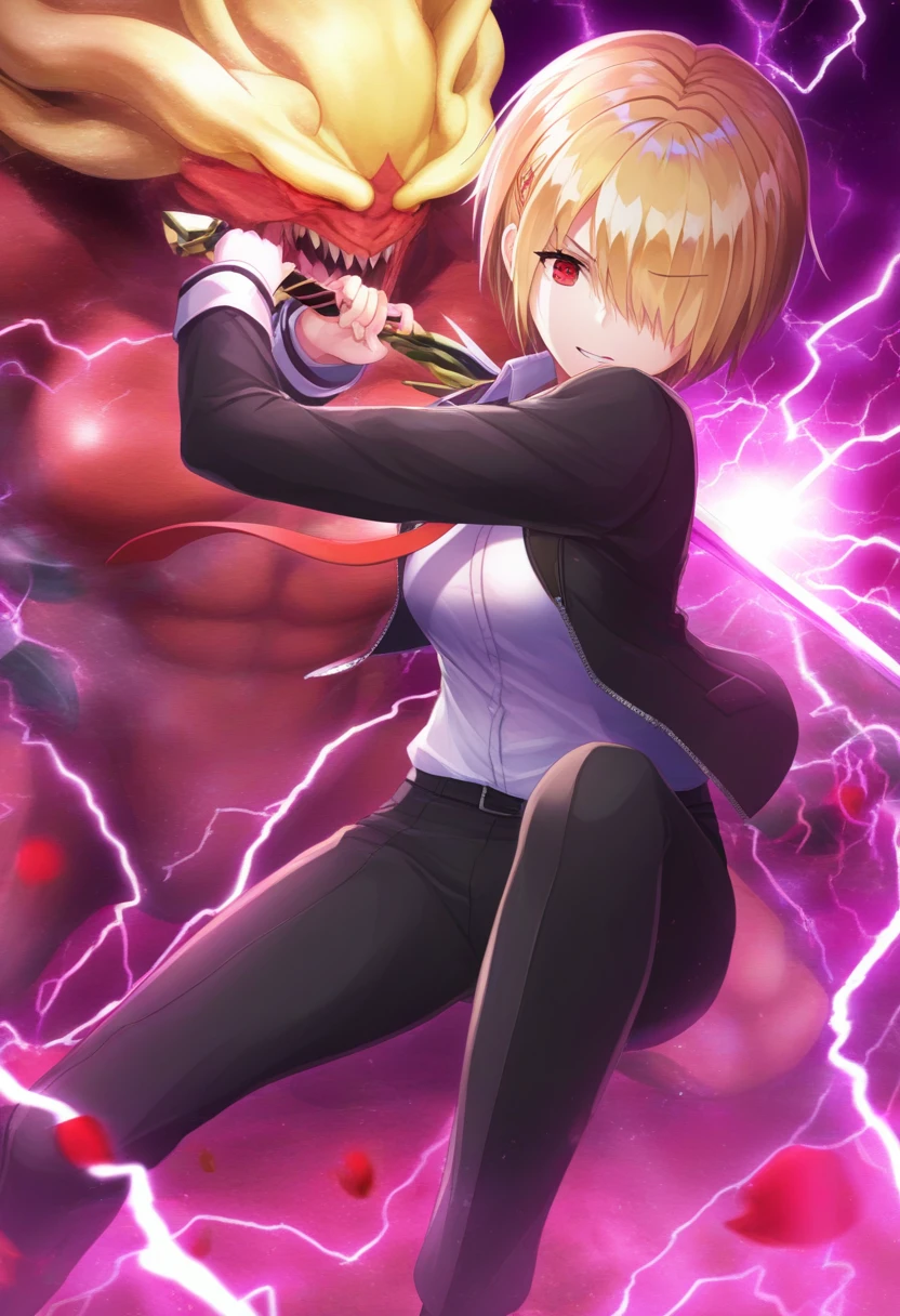 <lora:Ruka_IL_XL_V1:1>1girl, 1monster, fighting to monster, ruka, blonde hair, short hair, hair over one eye, black suit, black jacket, open jacket, black pants, white shirt, red tie, holding sword, lightning from sword