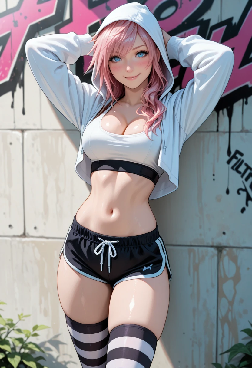 girl spacepunk,(((1girl))),((beautiful girl with cute cat ears)),
(large breasts:1.4),saggy breasts,((black hair,black messy hair,colored inner hair,long hair:1.5,absurdly long unkempt hair:1.35,long black hair,ear breathing,intricate cut hair)),((((cat ears,cat ears on head,big cat ears)))),(((neon_pink_eyes:1.3))),intricate eyes,beautiful detailed eyes,symmetrical eyes,((fat)),(((lustrous skin:1.5,bright skin: 1.5,skin tanned,shiny skin,very shiny skin,shiny body,plastic glitter skin,exaggerated shiny skin,illuminated skin,wet legs))),(spider lower abdomen,narrow waist,wide hip,athletic body,inflated legs,detailed body,(detailed face)),
cute,slutty,seductive,erotic,(((nsfw))),
(graffiti art in clothes),zettai ryouiki,revealing clothing,show skin,((((underboob)))),((cleavage)),(semi-naked,with little clothing,((tiny thong, armor thong intricate)),large sport socks,visible thong straps,no bra),((((crop top hoodie,cropped hoodie,hoodie,hoodie intricate)))),(((wet clothes,intricate outfit,intricate clothes))),
(dynamic pose:1.0),solo focus,embarrassed,(centered,scale to fit dimensions,Rule of thirds),
cyberpunk city by the ocean at night, with bright neon signs and dark stormy clouds and puddles, scenery:1.25,
artistic photography,(photography taken by sldr),highres, sharp focus, (ultra detailed, extremely detailed), (photorealistic artwork:1.37),(extremely detailed CG unity 8k wallpaper),((synthwave background theme)),(((vibrant colors))),(intricate background),(masterpiece),(best quality),