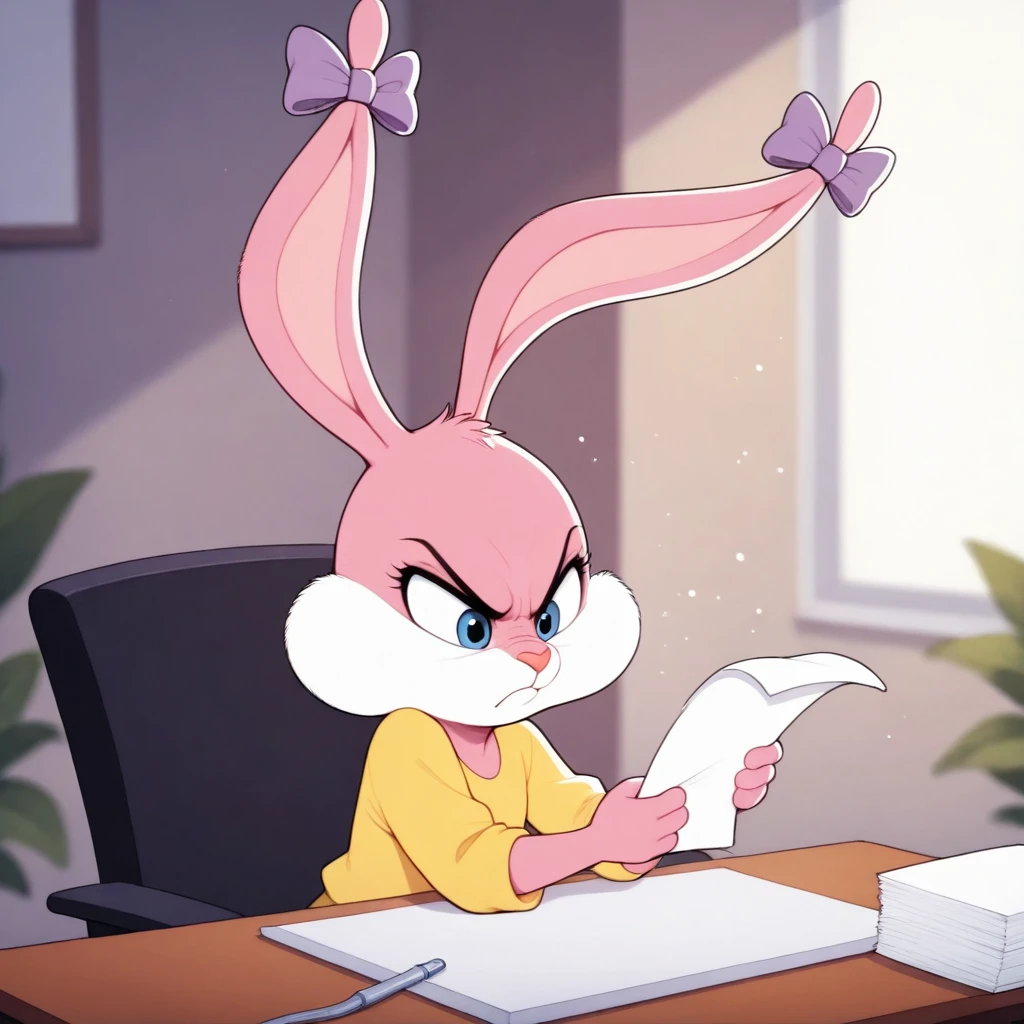 <lora:BabsBunnyOr9_YM:0.7>, solo, Babs, cub, bunny, girl, blue eyes, pink nose, pink body, pink head, pink ears, white cheeks, erect ears, yellow T-shirt, purple bows on the ears, mouth closed, sitting at the office desk, angry, crumpling paper
BREAK, masterpiece, best quality, high quality, particles effect, [:by Desubox:0.15], [:by Anchee, by Snowskau:0.55], detailed background, detailed foreground, depth of field, backlighting