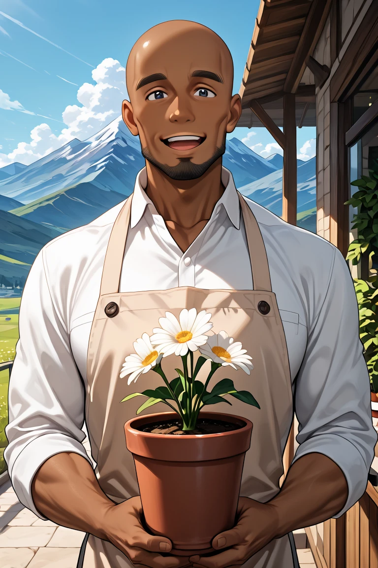 Impressionism still-live painting, bara, a black short hair muscular naked man holding a silver vase with colorful flowers, chest hair, short black hair, black eyes, smiling, beard, huge bulge