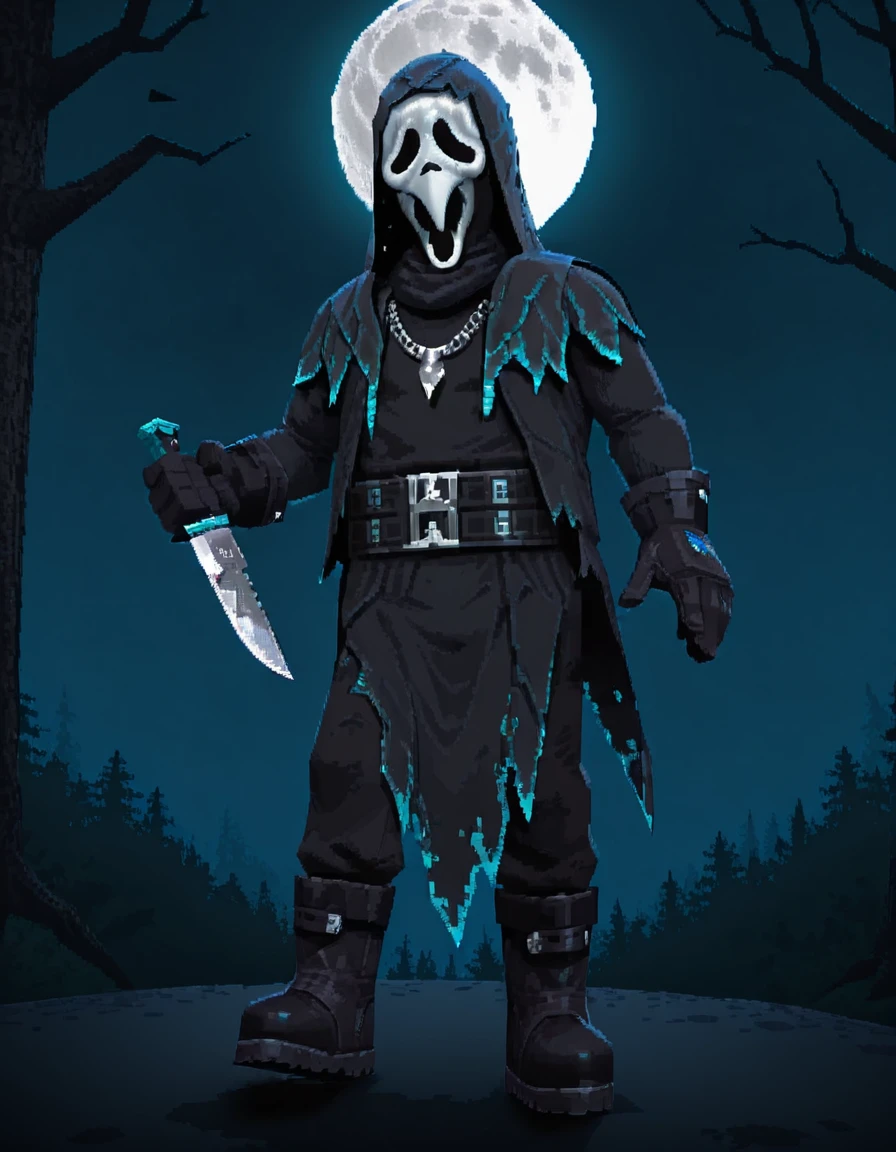 <lora:Ghost_Face_Nevermore_Skin_Dead_by_DaylightIIIustrious:0.8>mask, belt, moon, necklace, gloves, tree, jewelry, hood, coat, solo, 1knife, 1boy, black gloves, boots, raising knife, full moon, ghost face, forest <lora:LowPoly_3D_Style_IIIustrious:1>lowpoly 3d
