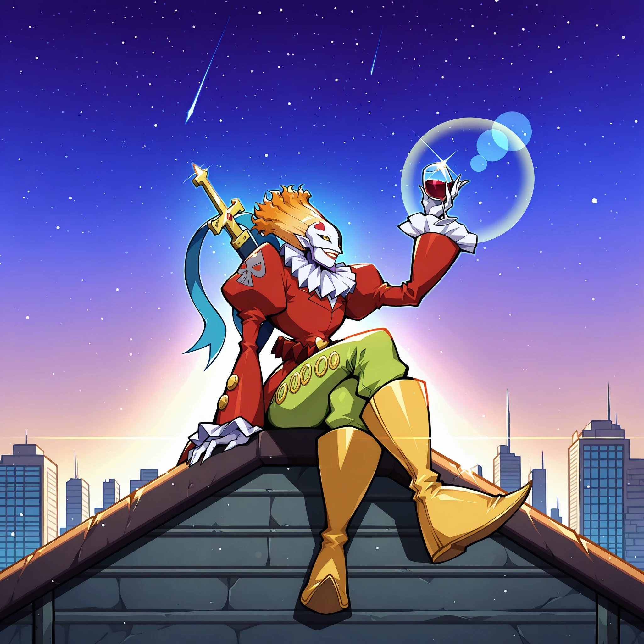 HDA_MasterpieceXL_v1.2, 1boy, <lora:Piedmon_-_Digimon_Franchise:1> PiedmonIL, smiling, holding an elegant glass of wine, raised hand, smile, cinematic, sitting on rooftop, cross legs, crossing legs, Outdoors, On top skyscraper, sci-fi city, star (sky), Lens flare, bloom,