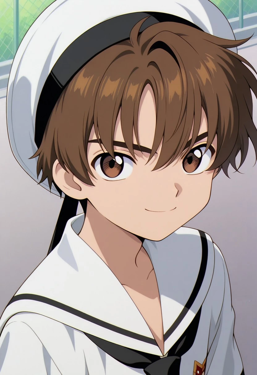 masterpiece,best quality,amazing quality, source_anime,
RiShaoran, 1boy, male focus, solo, brown eyes, brown hair, school uniform, hat, sailor hat, white headwear, shirt, white shirt, sailor collar, looking at viewer, portrait, smile,
outdoor,