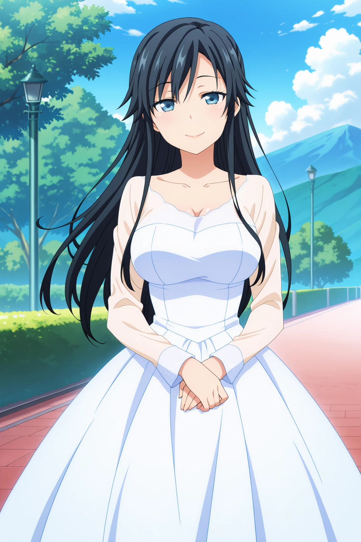 best quality, official art, anime screenshot, anime coloring, wedding dress, full dress, long sleeves, 1girl, solo, breasts, long hair, black hair, blue eyes, sanshokuin_sumireko <lora:RGV_Pansy_ORSK:0.9>, , outdoor, looking at viewer, smile, cowboy shot