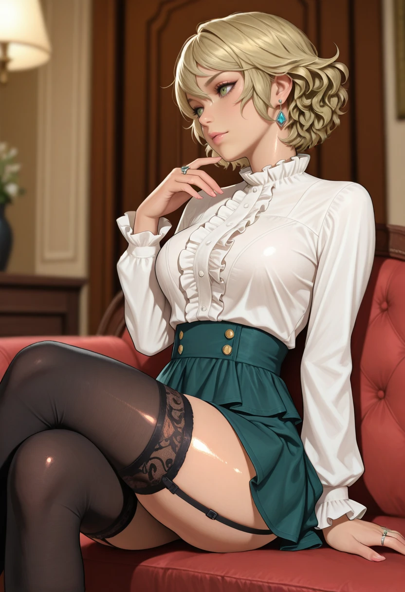 A tall and beautiful {{Lilly Krug (Skirt lift bottom pov | Goofy Ai)), with blonde hair and blue eyes, small nose and full red lips and curled black eyelashes, {wearing a tight-waisted green dress and a pair of black pumps}.