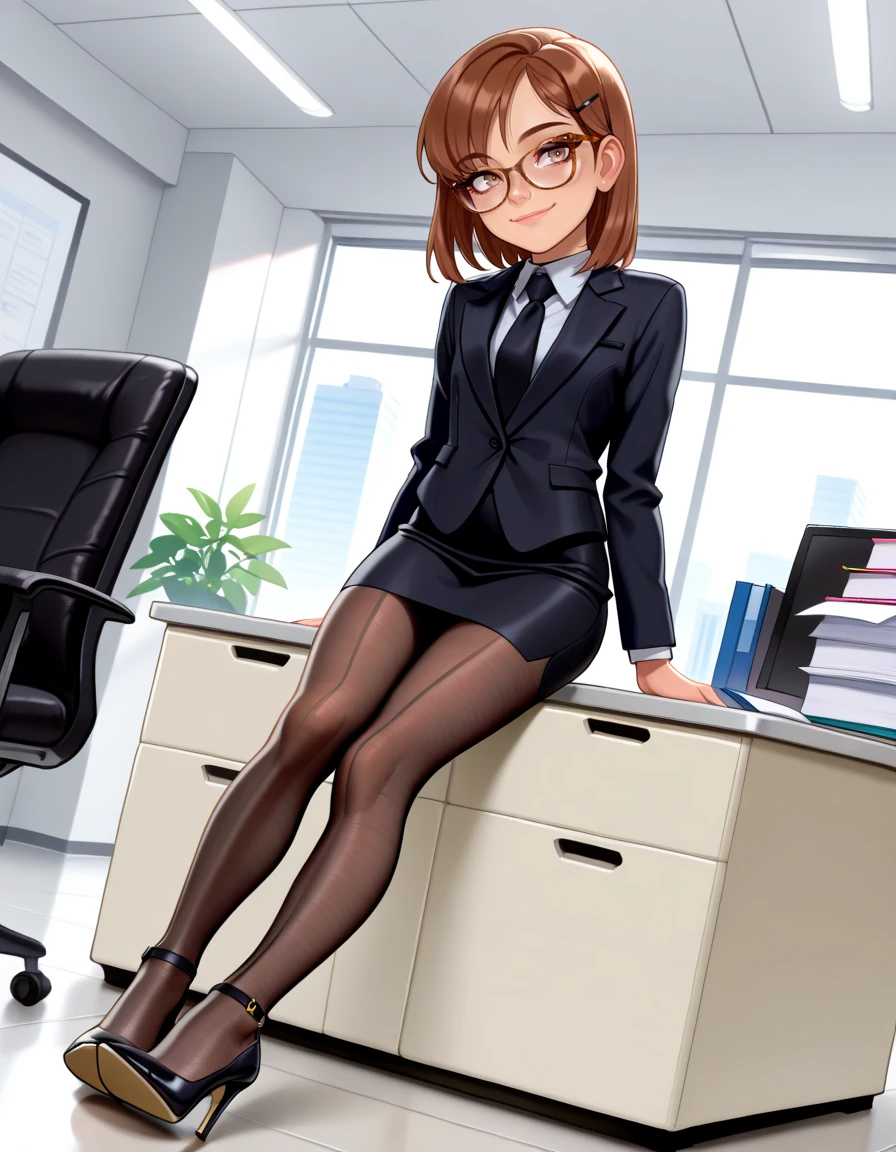 masterpiece, best quality, very aesthetic, absurdres,
indoors, office, 
full body, long eyelashes, light smile,
<lora:Megan_v01_NAIXL-000012:1>,
M364n,1girl,brown hair,short hair,hairclip,glasses,brown eyes,freckles,office lady,necktie,suit,pencil skirt,brown pantyhose,high heels,