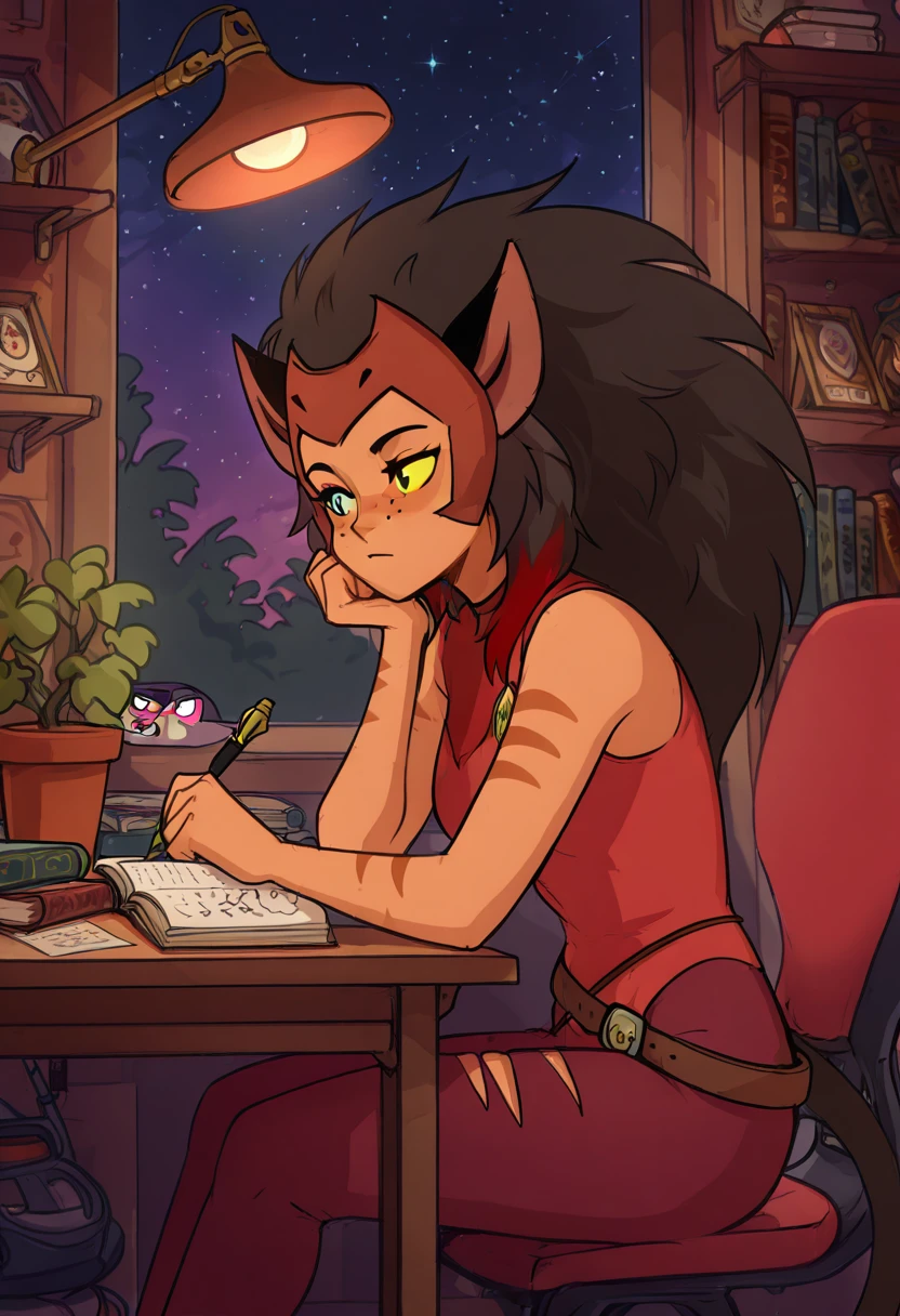 masterpiece, best quality, solo, curvy, beautiful eyes, zzCatra, green eyes, yellow eyes, multicolored hair, cat girl, furry, big hair, brown hair, long hair, animal ears, cat ears, heterochromia, colored sclera, yellow sclera, dark skin, freckles, blue eyes, sleeveless, belt, torn clothes, tail, black hair, pants, , <lora:CatraShera_IXL:1.0>, , zzLofi, sitting, side view, desk, chair, book, bookshelf, head rest, holding, holding pen, lamp, night, open book, pen, plant, potted plant, sky, star (sky), starry sky, window, windowsill, writing, <lora:LofiGirl_Style_IXL:0.8>,