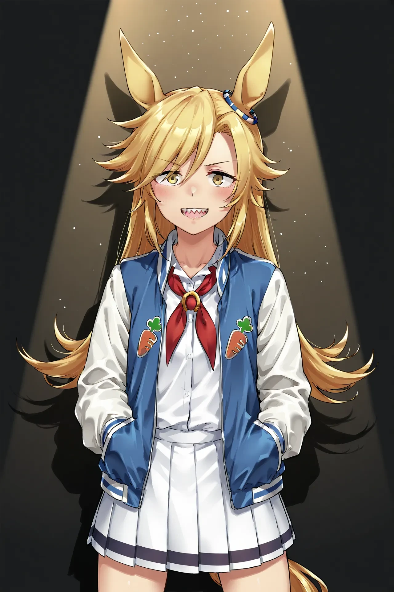 rudy lemono \(umamusume\),blonde hair,hair between eyes,horse ears,horse girl,horse tail,ear ornament,yellow eyes,long hair,teeth,sharp teeth,very long hair,red neckerchief,jacket,long sleeves,open clothes,open jacket,pleated skirt,school uniform,shirt,skirt,white skirt,carrot patch,<lora:Rudy_Lemono:1>,
cowboy shot, spotlight, smile, open mouth, looking at viewer, pose,