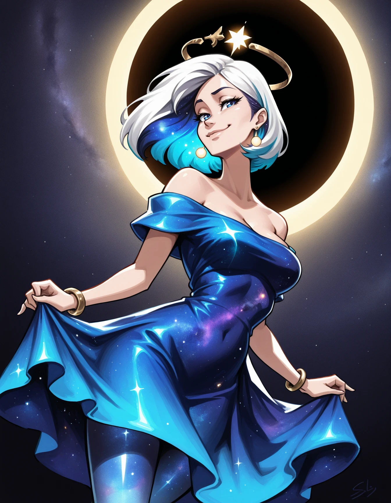 <lora:AndyDames-8D-ILXL2025-05-08_08-46-43-save-1836-36-0:1> illustration, sketch, 1girl, solo, cowboy shot, pose, action shot bob cut, multicolored hair, galaxy dress, void dress, negative space dress, curtsey, smug, solar eclipse, dutch angle, off-shoulder, celestial halo, shimmering pantyhose, bracelet, earrings, mysterious,