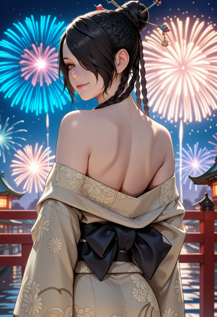 masterpiece, very aesthetic, best quality, absurdres, newest, solo,
<lora:ILFFLulu:1>
FFLulu, 1girl, black hair, one eye covered, red eyes, hair ornament, hair stick, single hair bun, multiple braids, looking at viewer, slight smile, looking back, japanese clothes, kimono, off shoulder, kimono pull, black sash, bare shoulders, outdoors, night, fireworks