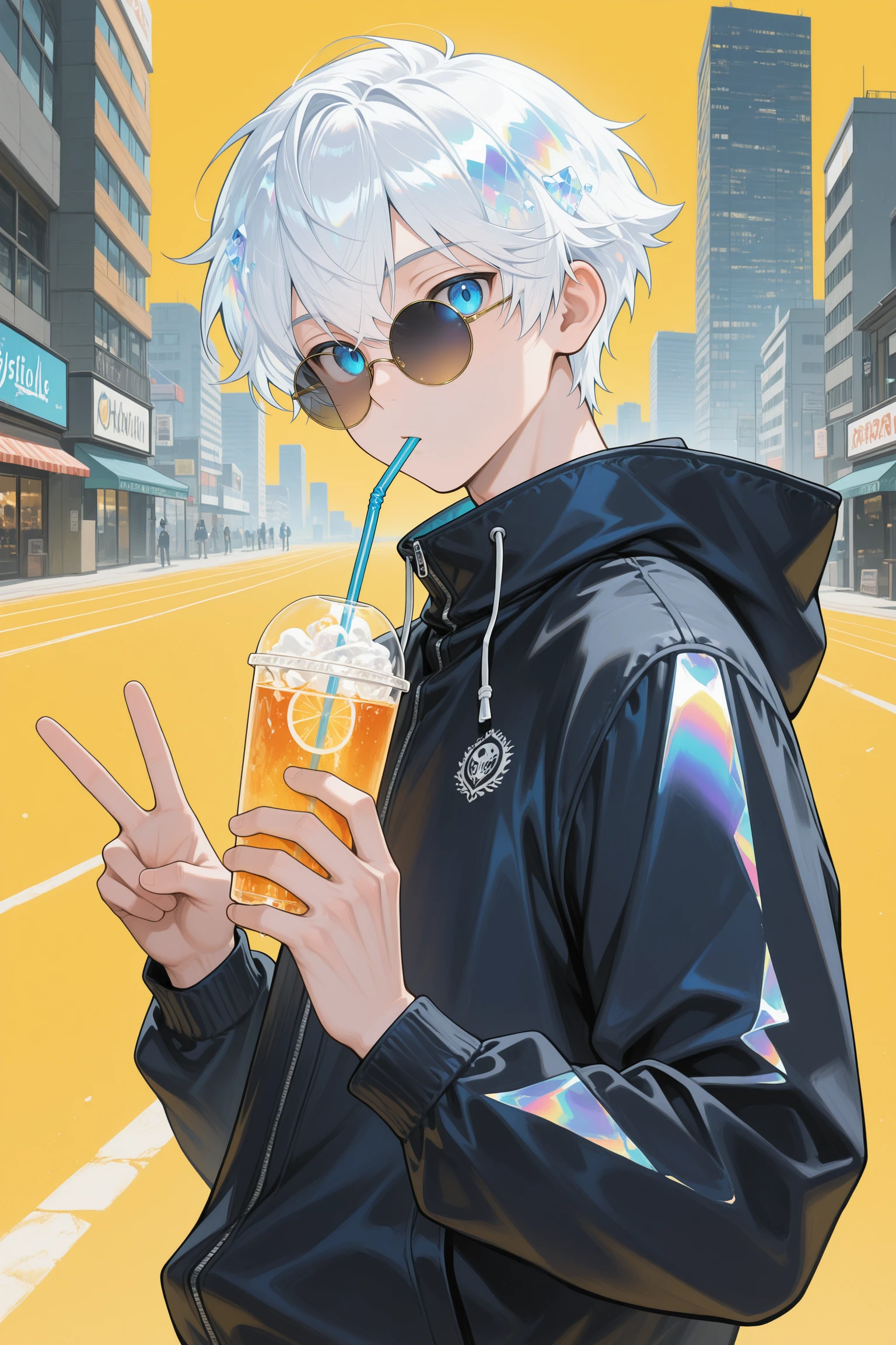 masterpiece, best quality, iridescent_crystaline, 1boy, male focus, blue eyes, solo, yellow background, short hair, drinking straw, jacket, white hair, round eyewear, looking at viewer, upper body, drinking, sunglasses, holding cup, buildings, drinking straw in mouth, long sleeves, blue jacket, black jacket, v, hood, tinted eyewear, drink <lora:Iridescent_crystaline:0.8>