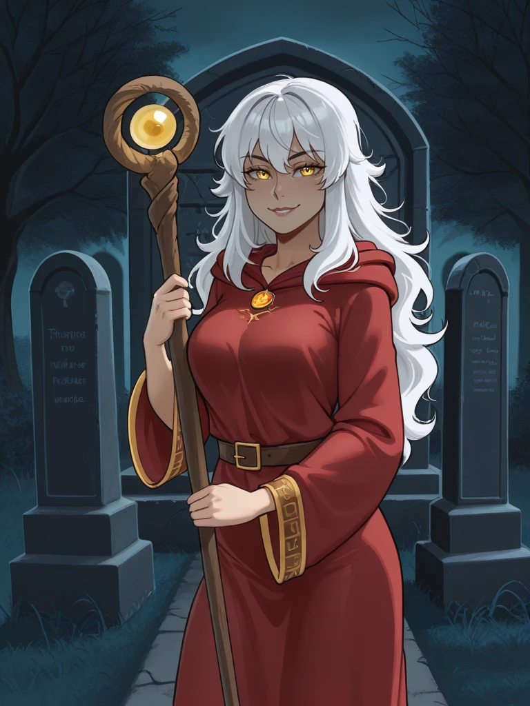 solo,
looking at the viewer,
standing in a cemetery, smiling at viewer, friendly
<lora:Raistlin_Majere__Dragonlance:0.7>
raistlin,,
rrobe, red robe,
long hair, white hair, yellow eyes, ,
feminine, female
wizard,, staff,
