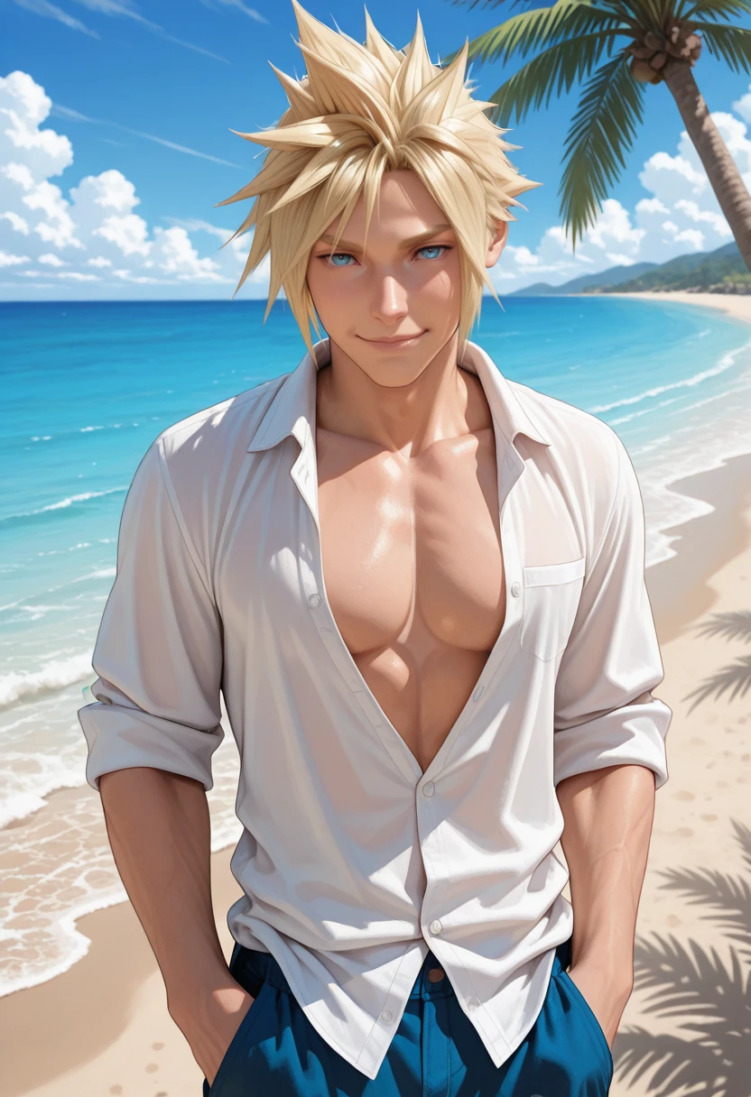 masterpiece, very aesthetic, best quality, absurdres, newest, solo,
<lora:ILFFCloud:1>
FFCloud, 1boy, blonde hair, spiked hair, blue eyes, male focus, outdoors, beach, day, palm tree, cloud, blue sky, ocean, hands in pockets, partially unbuttoned, smile, cowboy shot, water, closed mouth, standing, sand, muscular, cloudy sky
