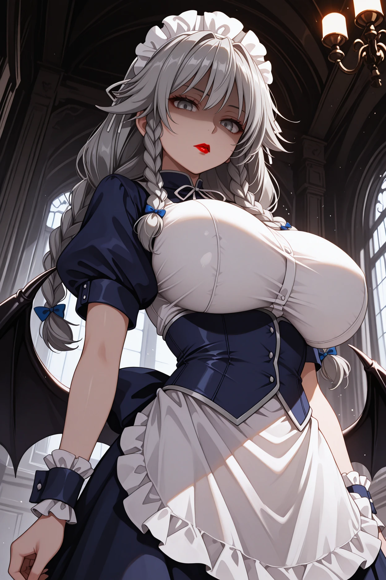 masterpiece, best quality, 1girl, solo, <lora:grayfialucifuge-illu-nvwls-v1-000006:1> gflcfg, grey hair, twin braids, long hair, big breasts, white headdress, hair bow, dark blue dress, neck ribbon, white shirt, dark blue corset, puffy short sleeves, white apron, wrist cuffs, low wings, shaded face, expressionless, looking at viewer, demon wings, dark theme, mansion, indoors, from below, grey eyes, lipstick