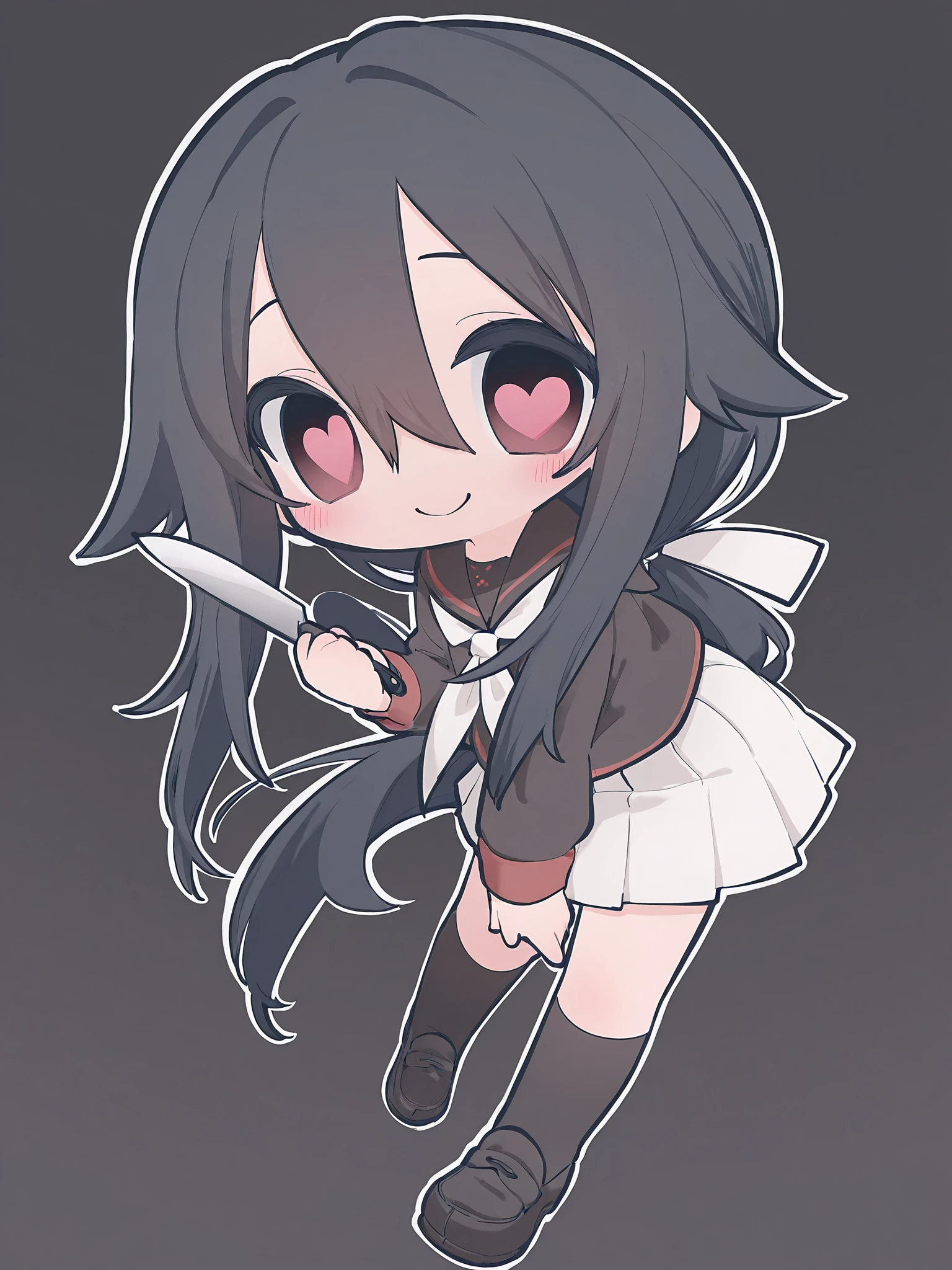 <lora:Ryoba4XL:1> Ryoba_YS, 1girl, long hair, low ponytail, serafuku, white pleated skirt, loafers, black kneehighs, white neckerchief, school uniform, <lora:spo_sdxl_10ep_4k-data_lora_webui:0.5>, chibi, thick lineart, knife, heart-shaped eyes, solo, smile, yandere, masterpiece, best quality, amazing quality, very aesthetic, absurdres, newest, soft lighting, gradient background, white outline, full body, dynamic pose, blush
