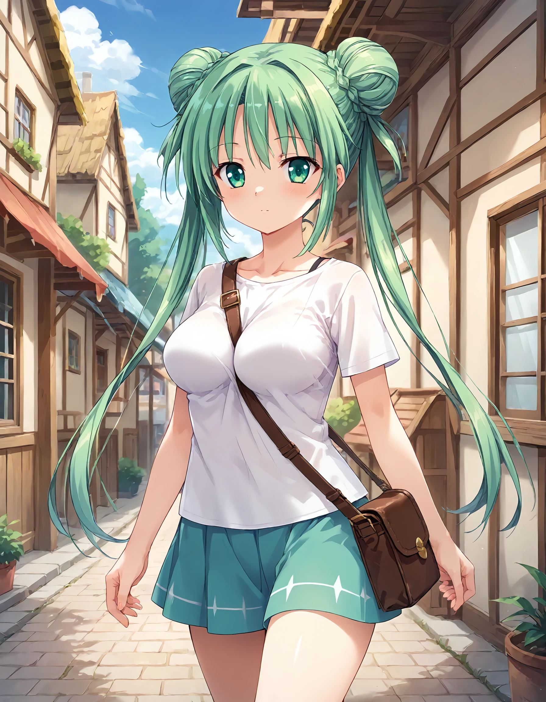 score_9, score_8_up, score_7_up, source_anime, <lora:add-detail-xl:1>, good , masterpiece, amazing quality, ultra detailed, good hand
BREAK 1girl, shirt, T-shirt, skirt, walking, in town, <lora:pai-sura:0.6> pai-sura, emphasis, slant bag, bag strap passing between ,
BREAK <lora:otama Sarasara Sasara (Atelier Kaguya):0.7> 0tama, green hair, hair bun, double bun, hair braid, double braid, twintails, green eyes, ,