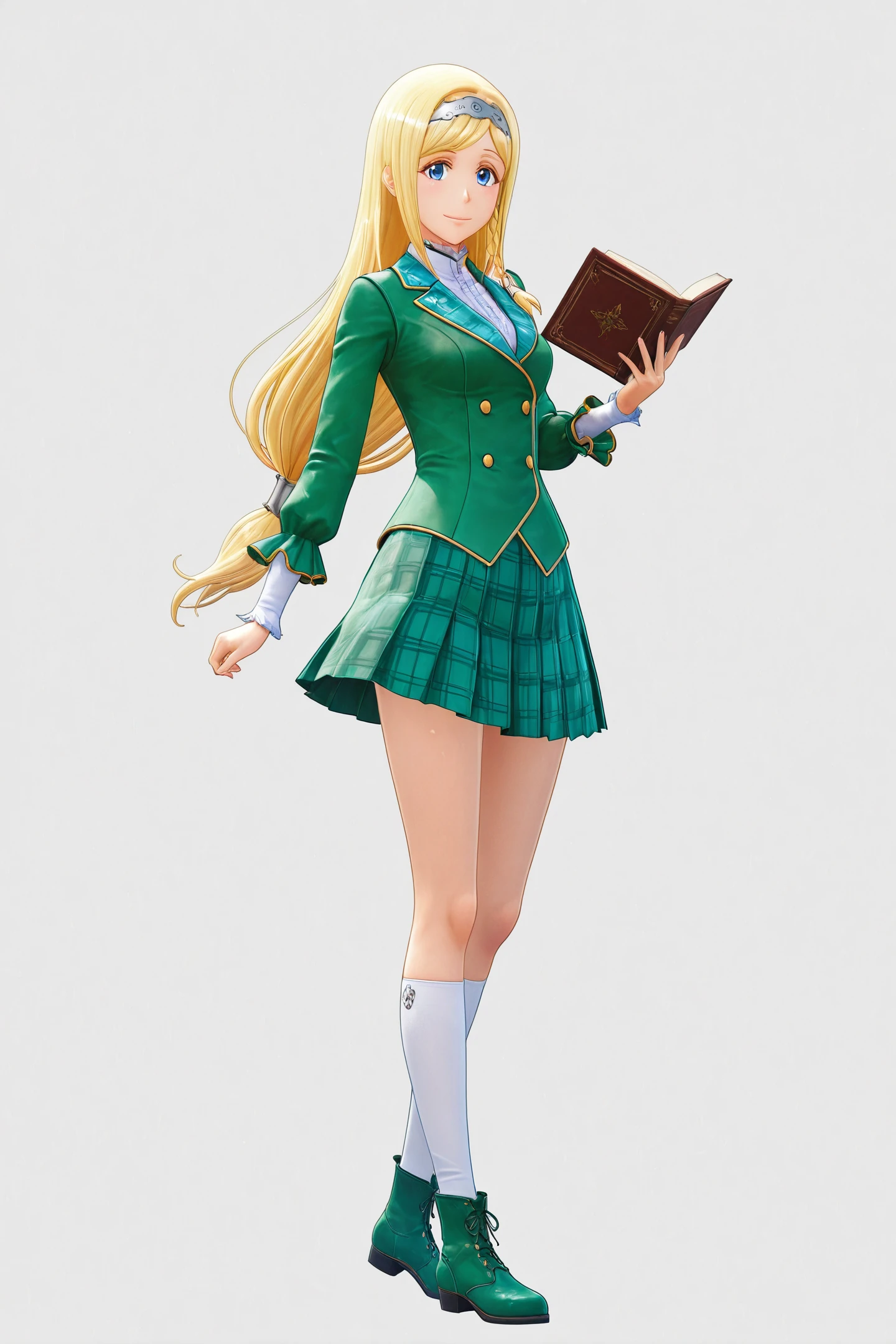 Game CG Style,Clarissa Snowflake,1girl,long hair,blonde hair,solo,green skirt,hairband,socks,full body,very long hair,blue eyes,book,braid,looking at viewer,smile,white background,plaid skirt,school uniform,simple background,plaid,standing,holding,pleated skirt,holding book,low-tied long hair,long sleeves,jacket,white socks,boots,kneehighs,side braid,green shoes,
<lora:New Sakura Wars_illustriousXL:1>,