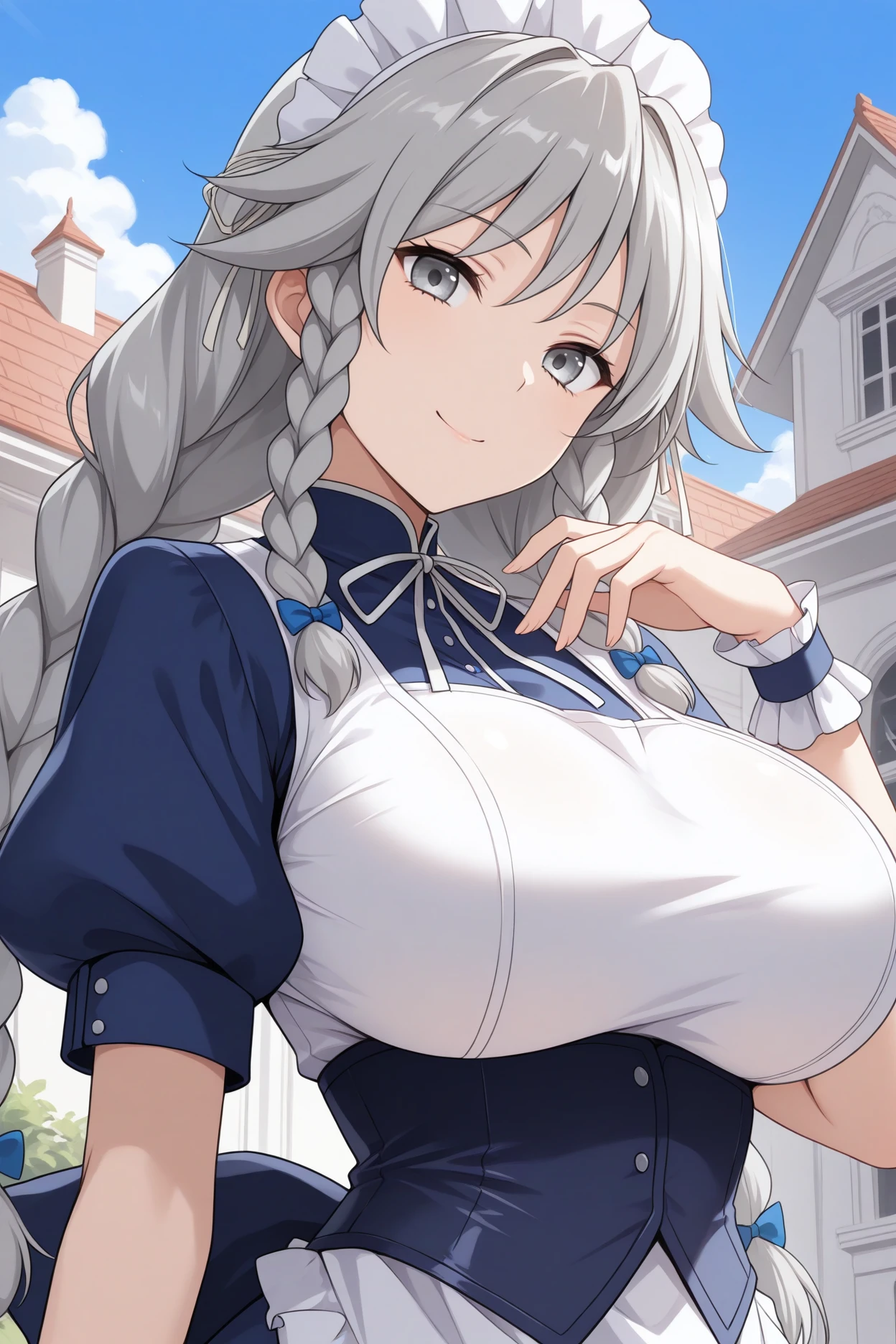 masterpiece, best quality, 1girl, solo, <lora:grayfialucifuge-illu-nvwls-v1-000006:1> gflcfg, grey hair, twin braids, long hair, grey eyes, big breasts, white headdress, hair bow, dark blue dress, neck ribbon, white shirt, , dark blue corset, puffy short sleeves, white apron, wrist cuffs, upper body, looking at viewer, smile, blue sky, victorian architecture