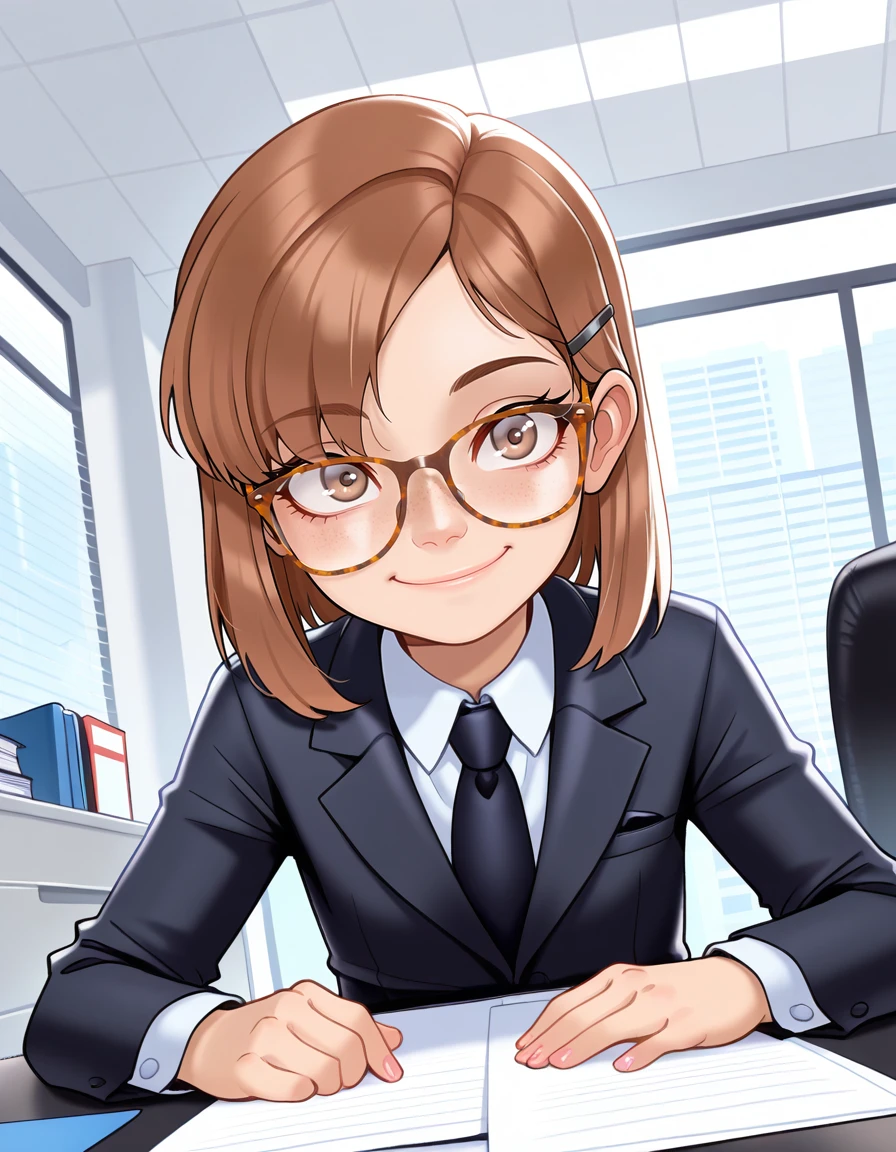 masterpiece, best quality, very aesthetic, absurdres,
indoors, office,
upper body, long eyelashes, smile,
<lora:Megan_v01_NAIXL-000012:1>,
M364n,1girl,brown hair,short hair,hairclip,glasses,brown eyes, freckles, office lady,necktie,suit,